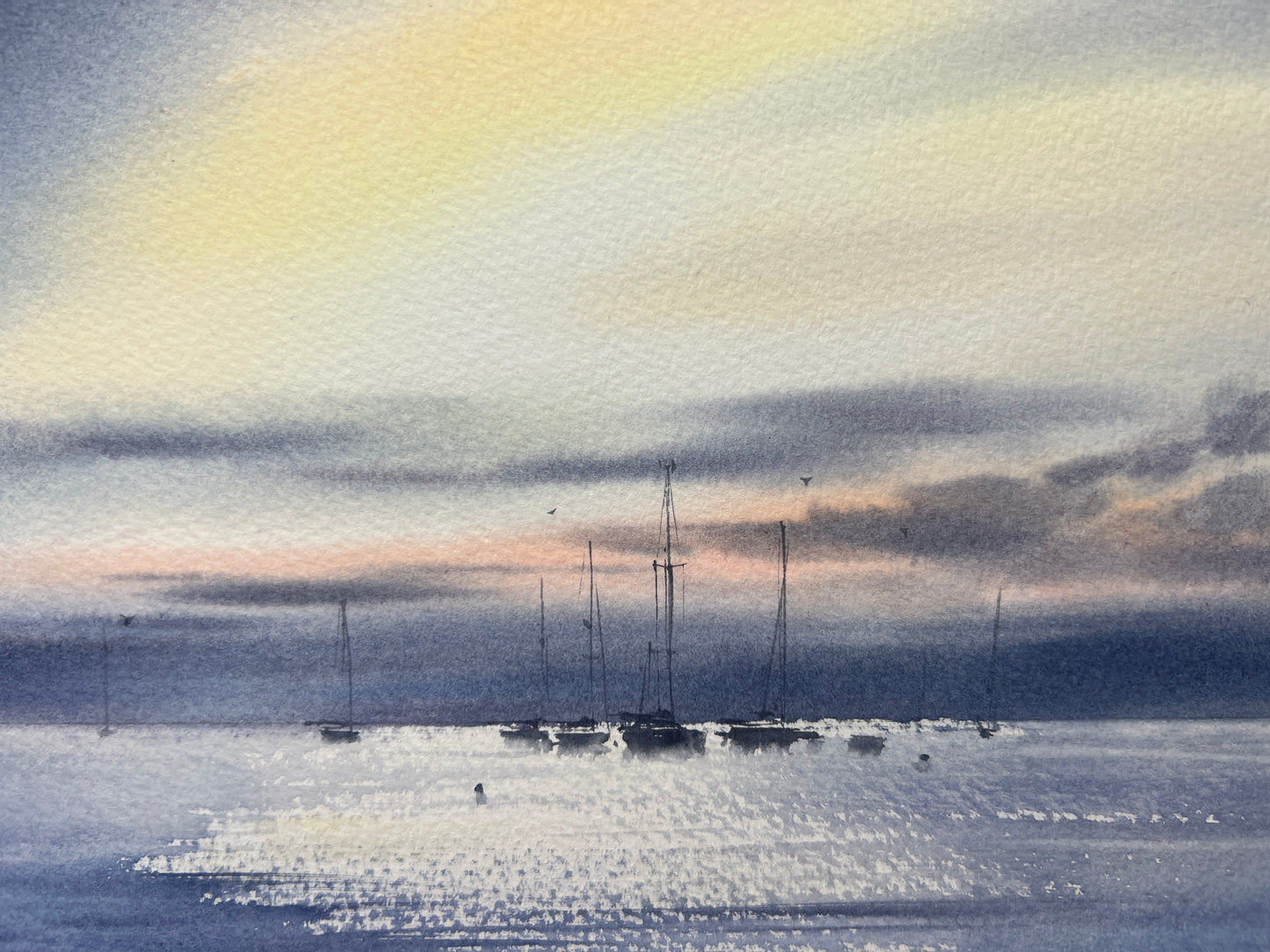 Nautical Painting - Original Watercolor - Yachts at sea at dawn #3
