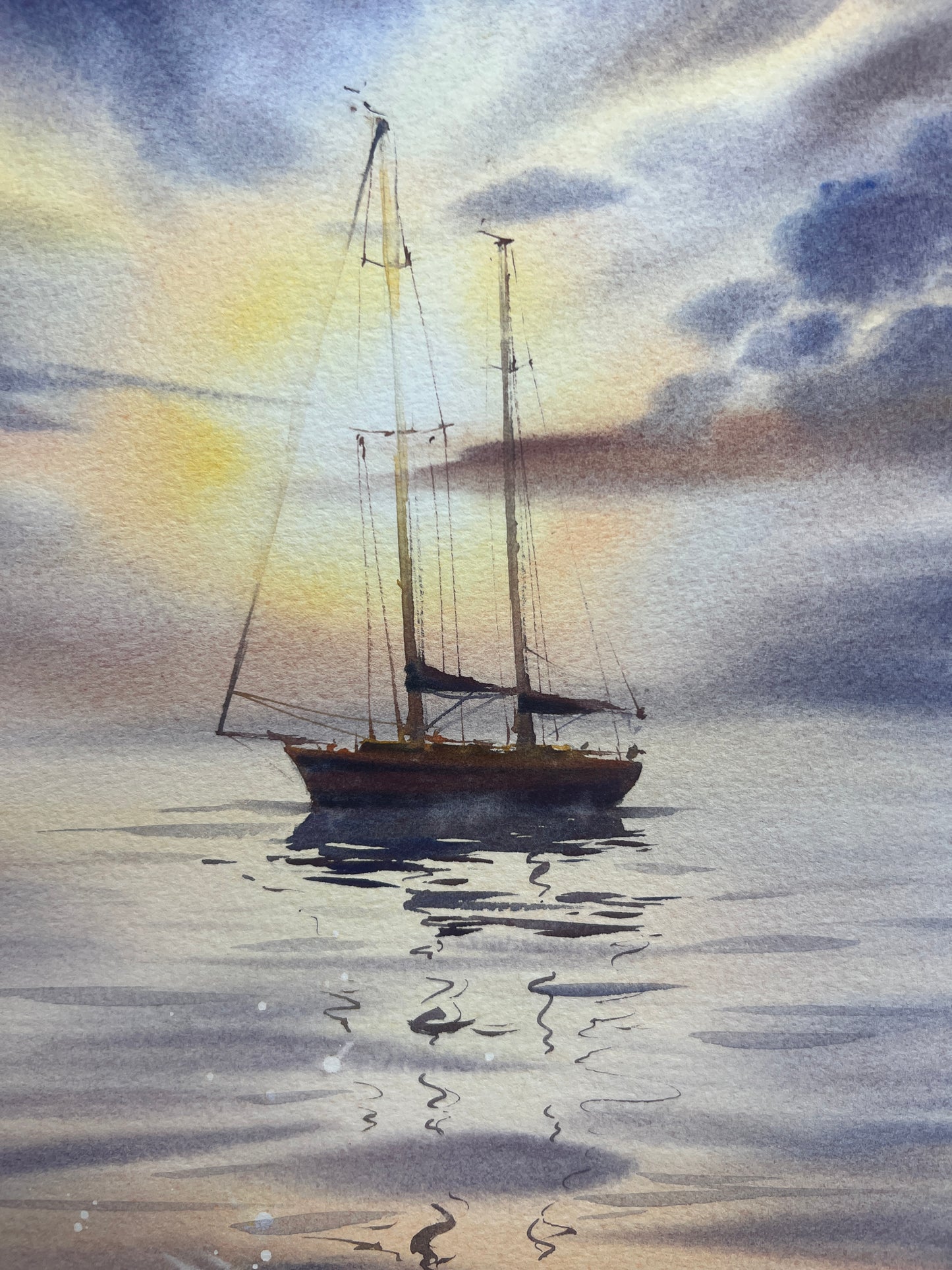 Original Watercolor Small Painting - Yacht in the sun #3