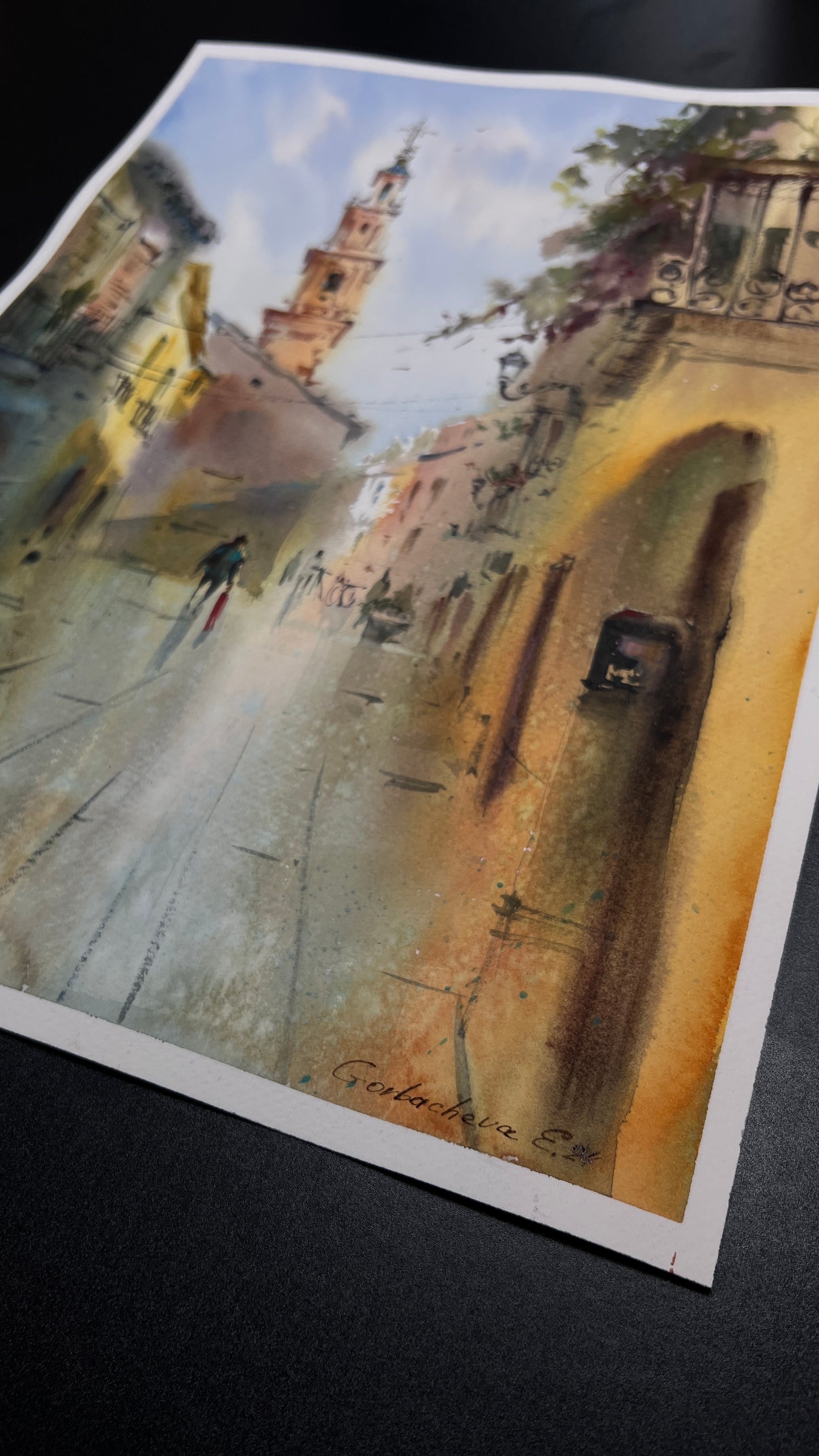 Original Sunlit European Street Watercolor Painting,A Walk Through Old Valencia 12x16