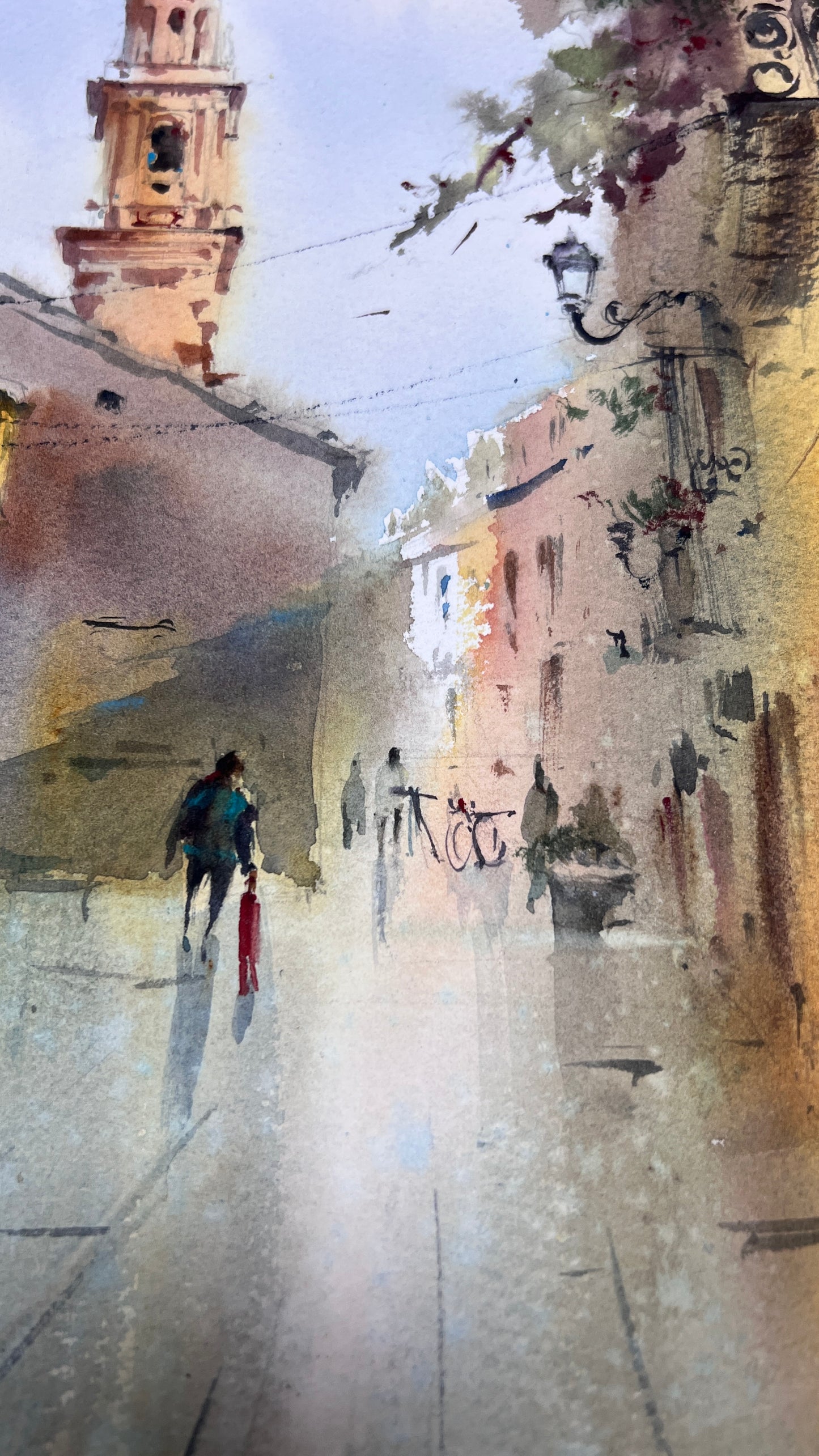 Original Sunlit European Street Watercolor Painting,A Walk Through Old Valencia 12x16