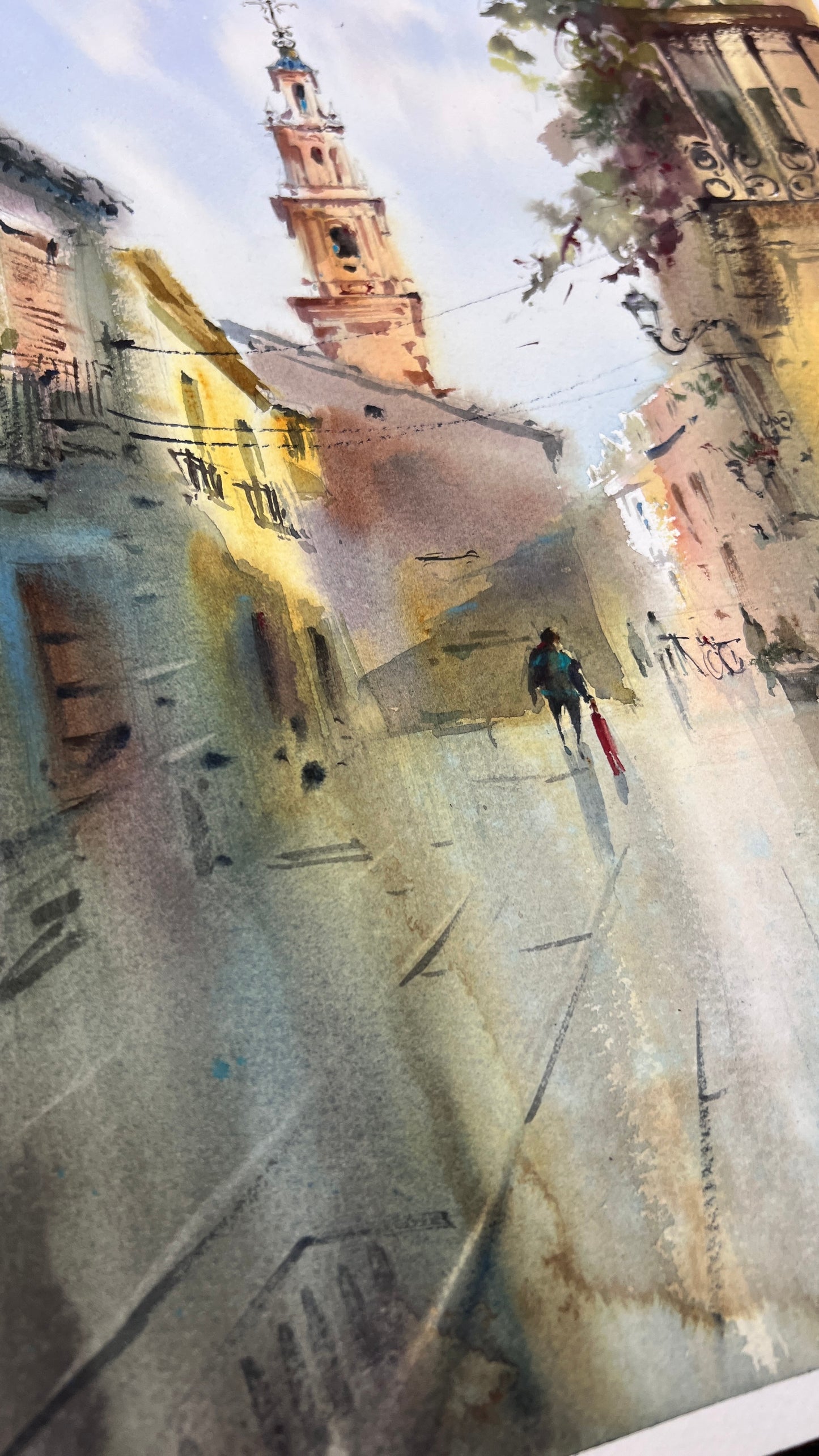 Original Sunlit European Street Watercolor Painting,A Walk Through Old Valencia 12x16