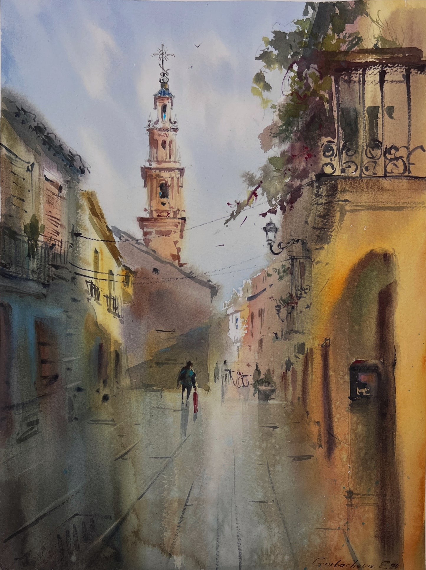 Original Sunlit European Street Watercolor Painting,A Walk Through Old Valencia 12x16