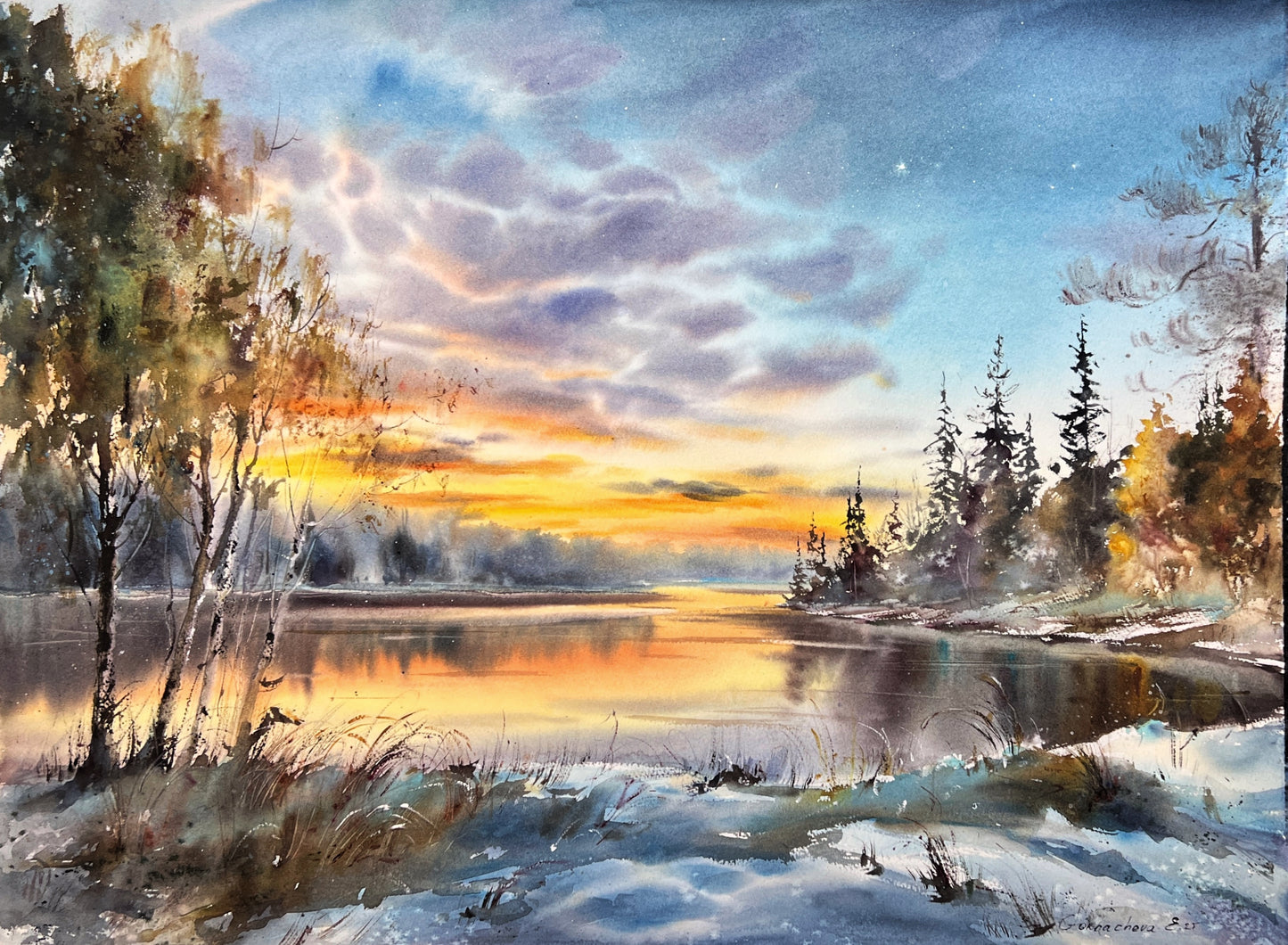 Winter Sunset Watercolor Painting, Snowy Lake Landscape Art, Sunset on the Ice