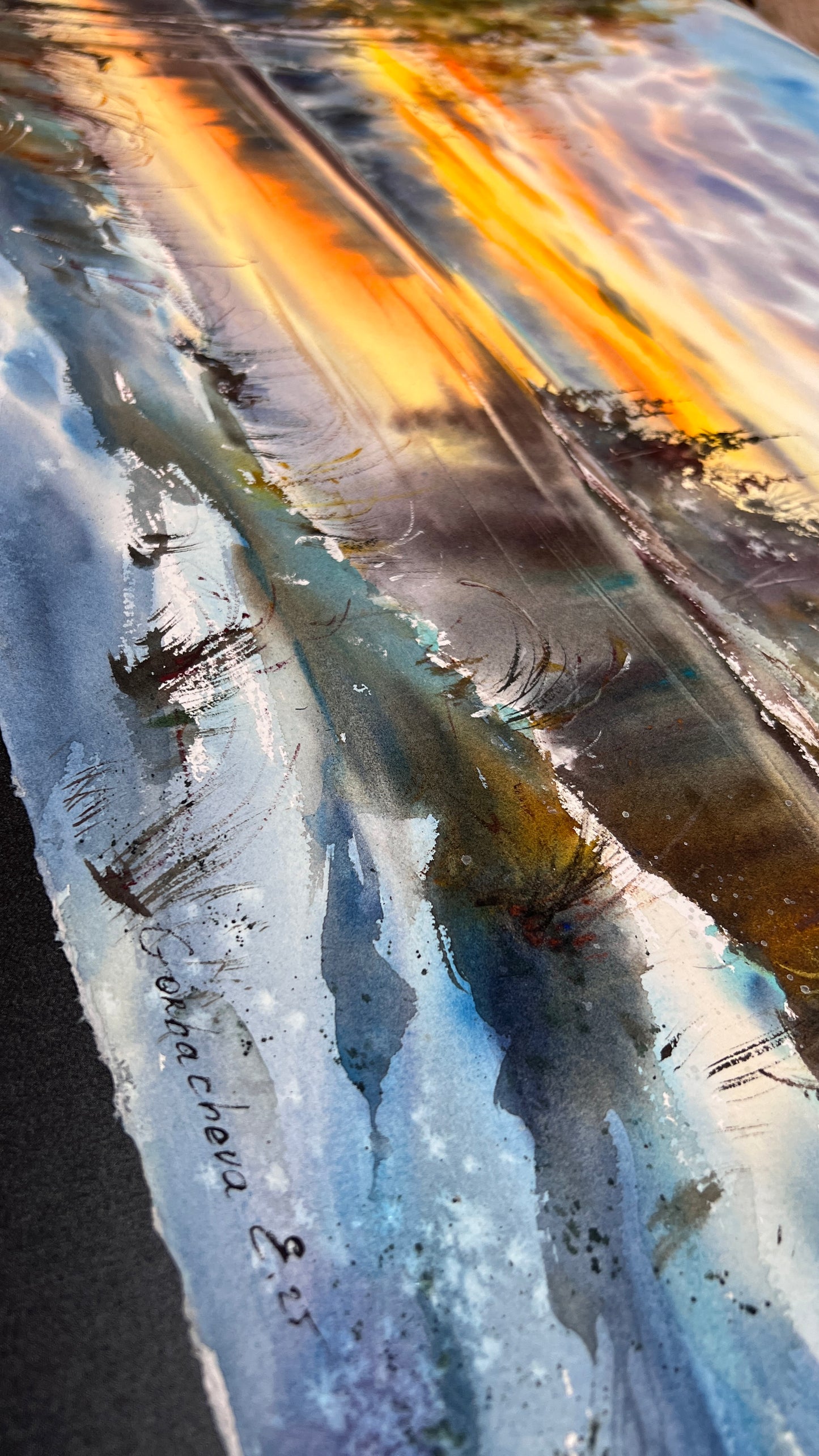 Winter Sunset Watercolor Painting, Snowy Lake Landscape Art, Sunset on the Ice