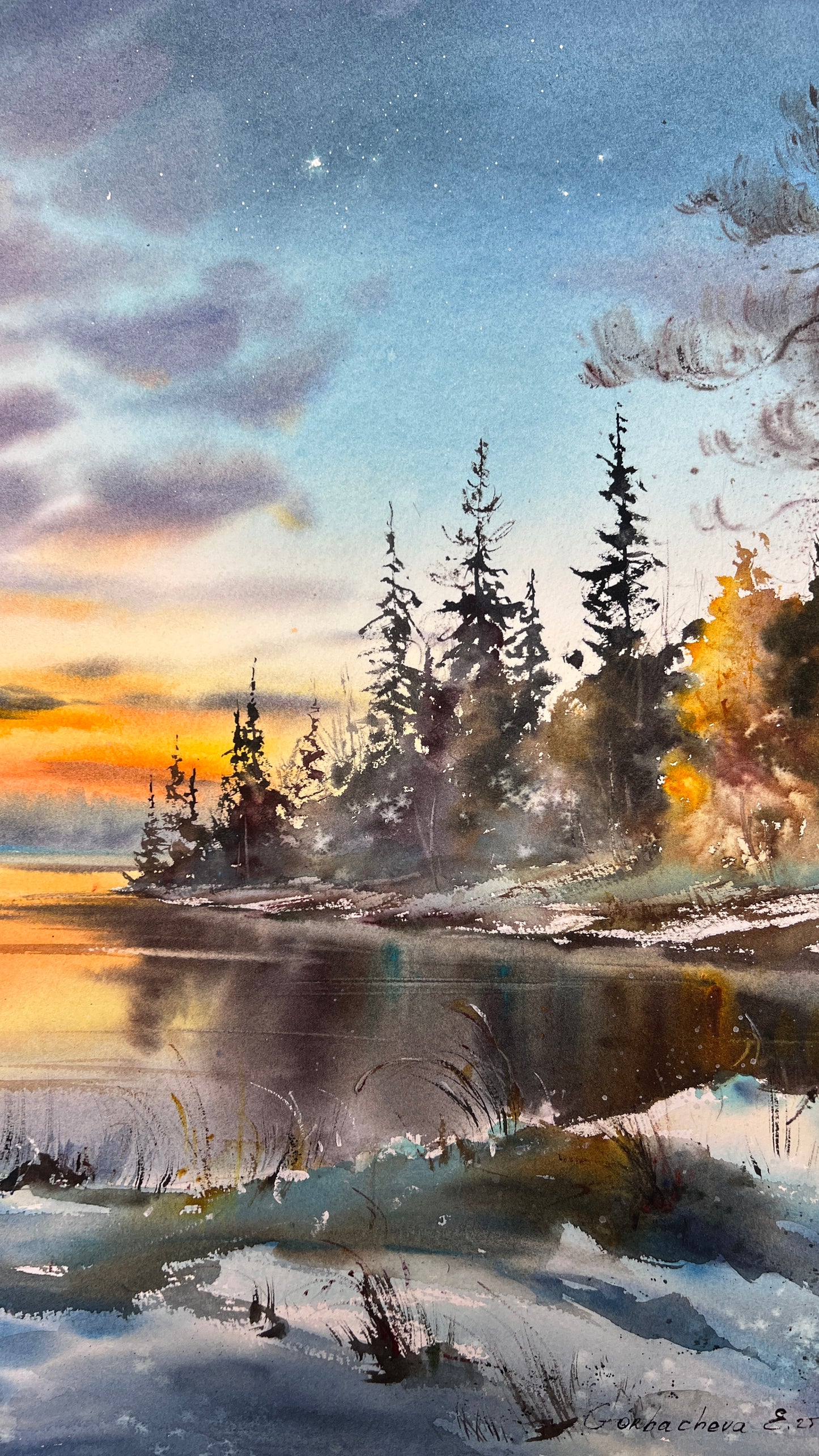 Winter Sunset Watercolor Painting, Snowy Lake Landscape Art, Sunset on the Ice
