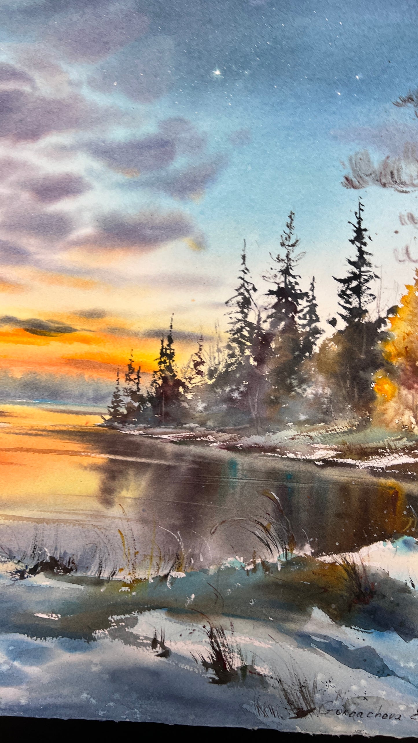 Winter Sunset Watercolor Painting, Snowy Lake Landscape Art, Sunset on the Ice