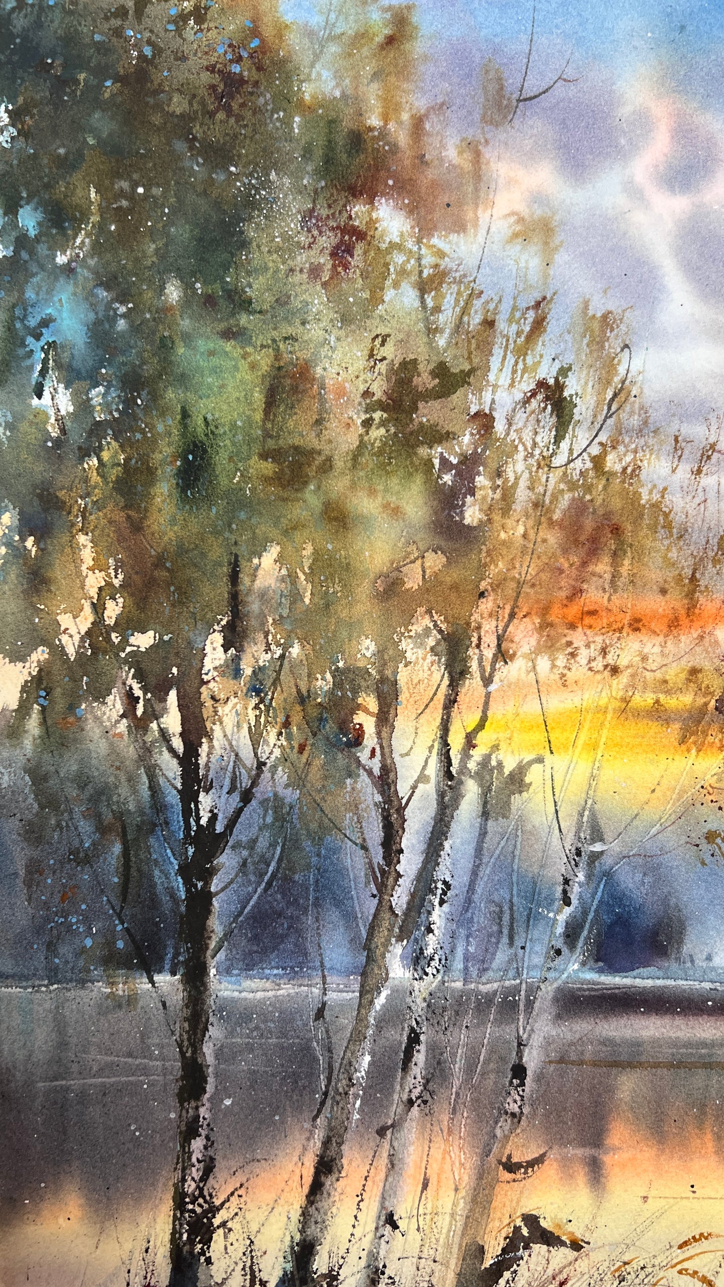 Winter Sunset Watercolor Painting, Snowy Lake Landscape Art, Sunset on the Ice