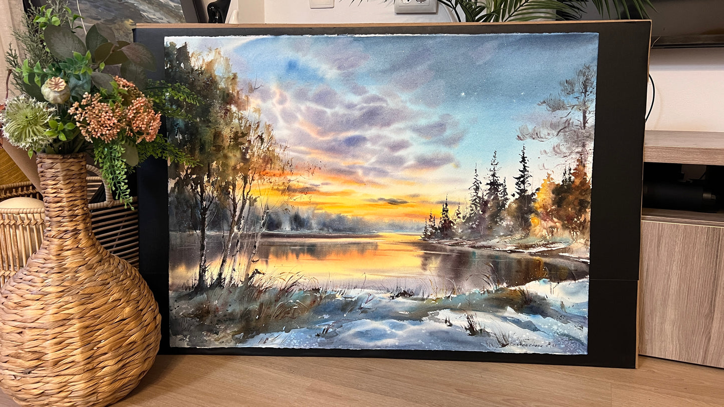 Winter Sunset Watercolor Painting, Snowy Lake Landscape Art, Sunset on the Ice