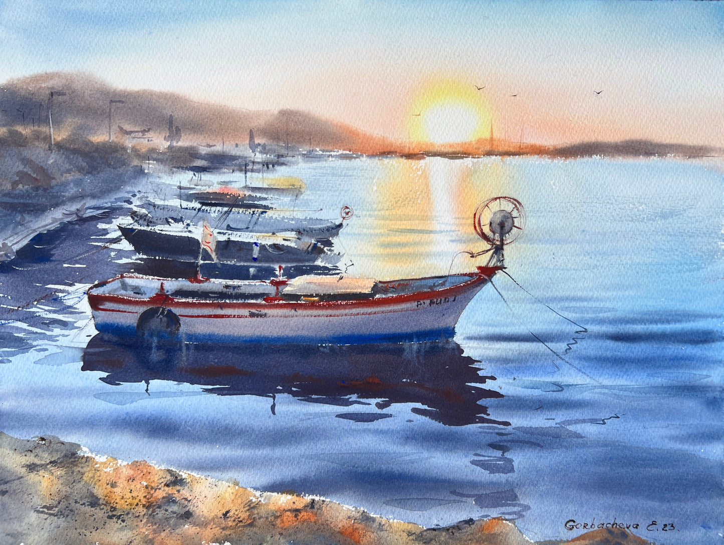Fishing Boat Painting Original Watercolor, Cyprus Artwork, Coastal Art, Anniversary Gift, Blue Sea, 16 x 12 in