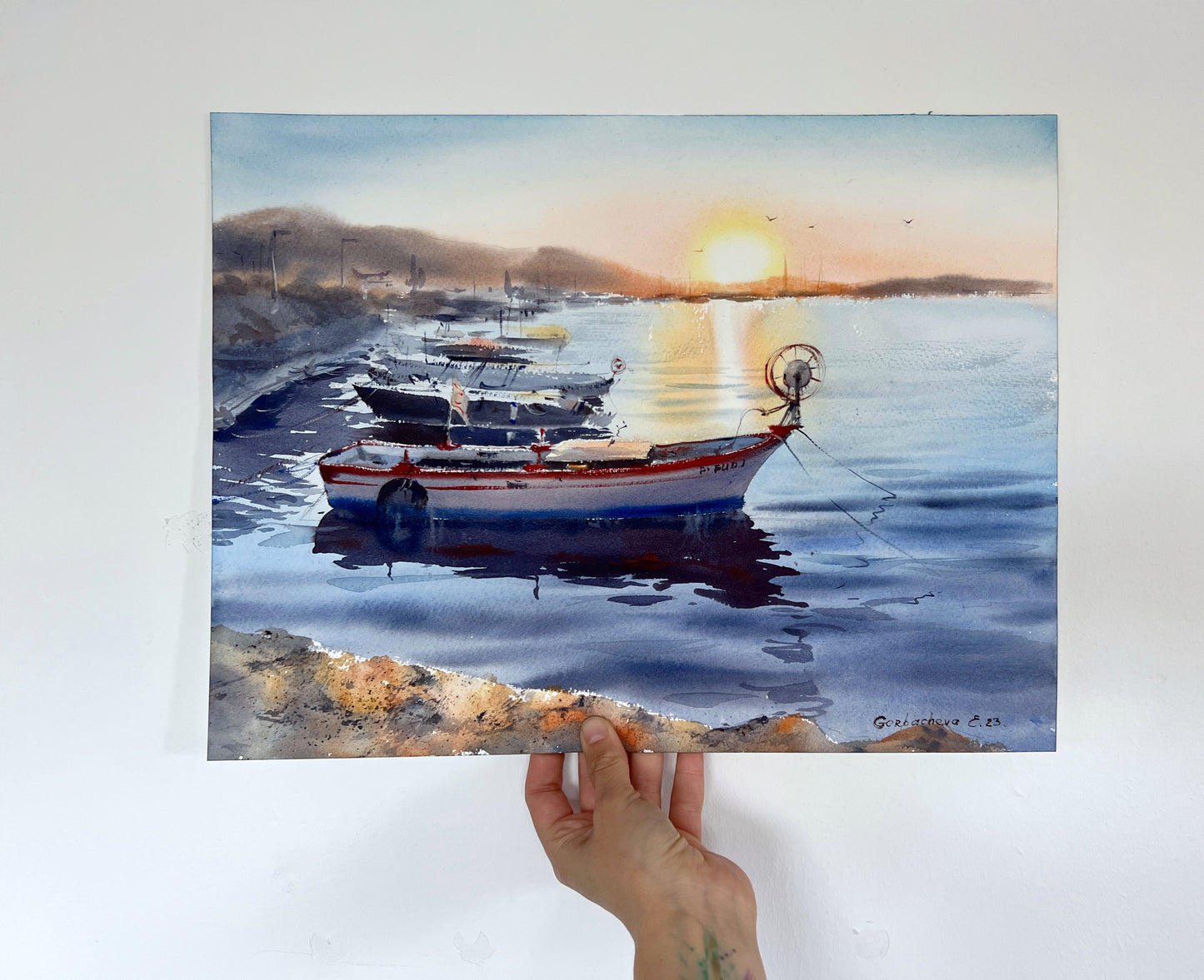 Fishing Boat Painting Original Watercolor, Cyprus Artwork, Coastal Art, Anniversary Gift, Blue Sea, 16 x 12 in