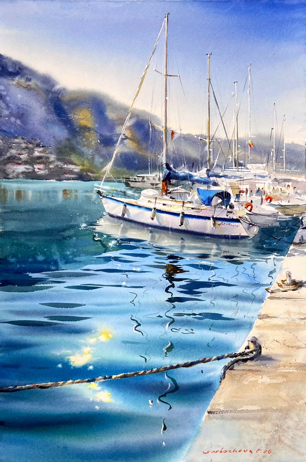 Original Watercolor Sailboat Painting, Mediterranean Harbor Art, A Harbor of Dreams 15x22
