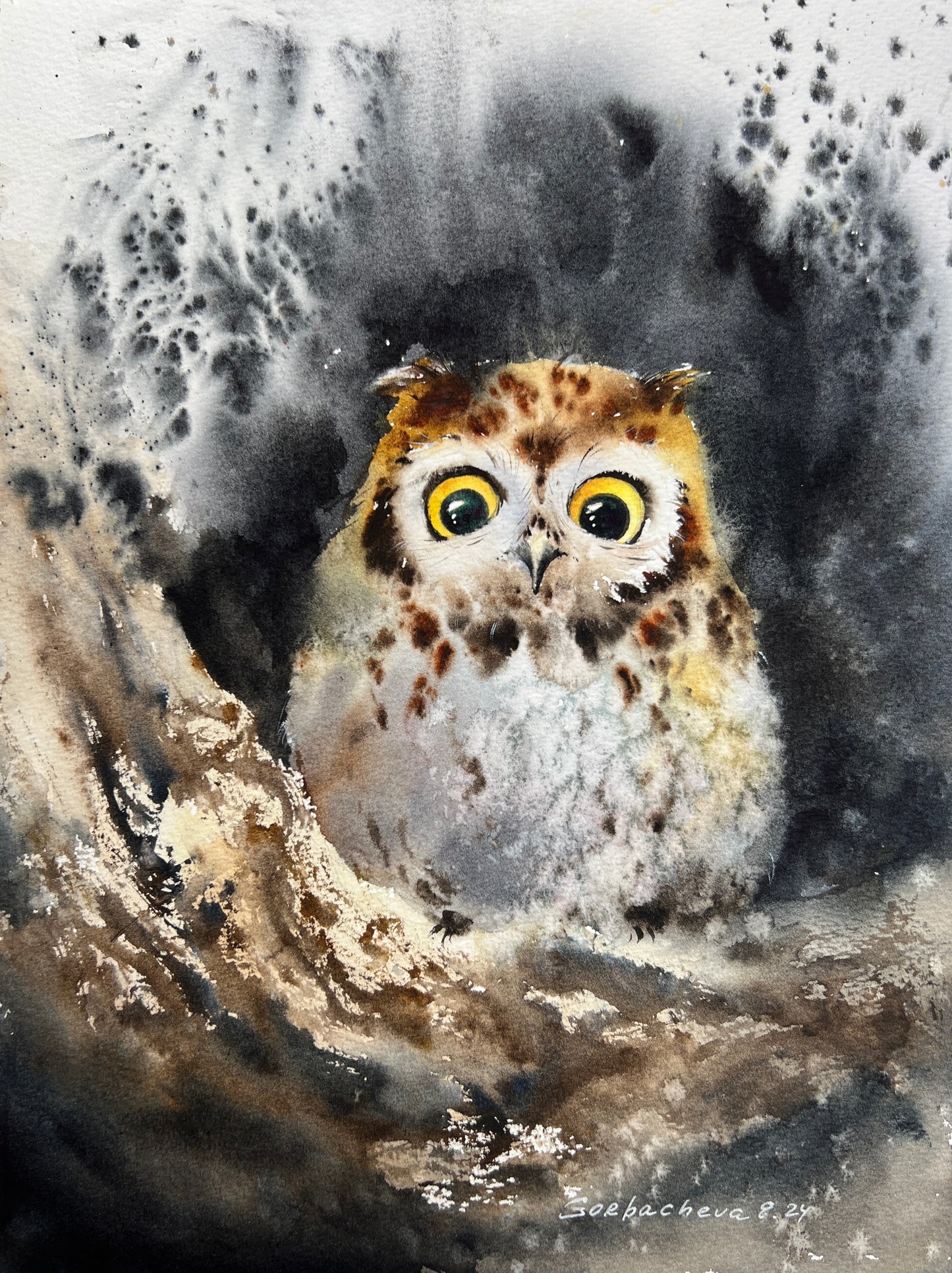 Owl in a hollow #2 - Unique Owl Watercolor Painting - Ideal Personalized Gift for New Year