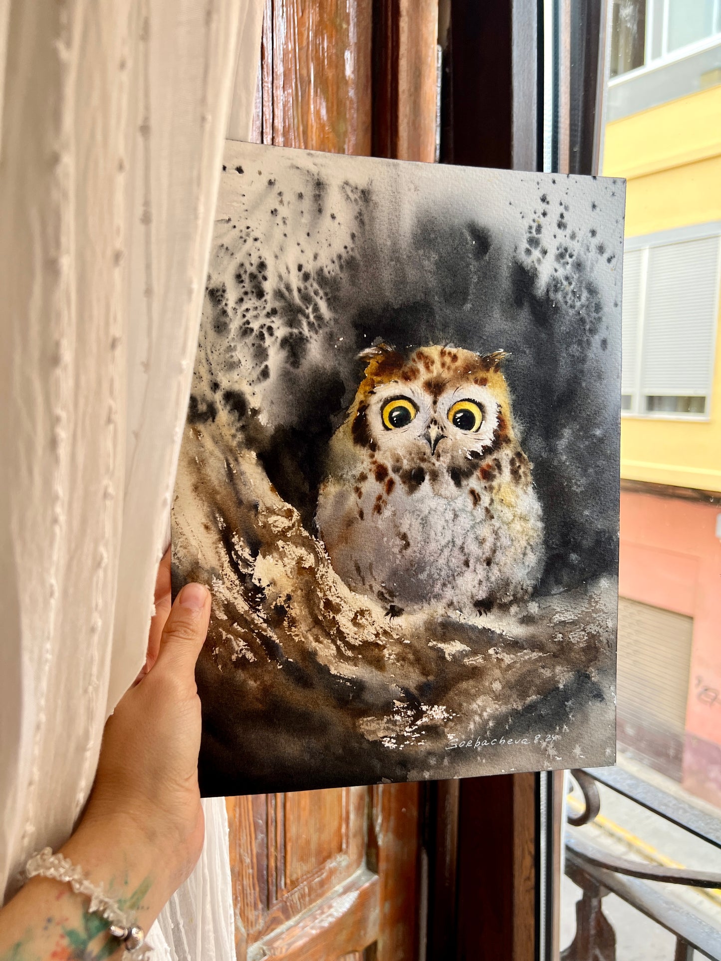 Owl in a hollow #2 - Unique Owl Watercolor Painting - Ideal Personalized Gift for New Year