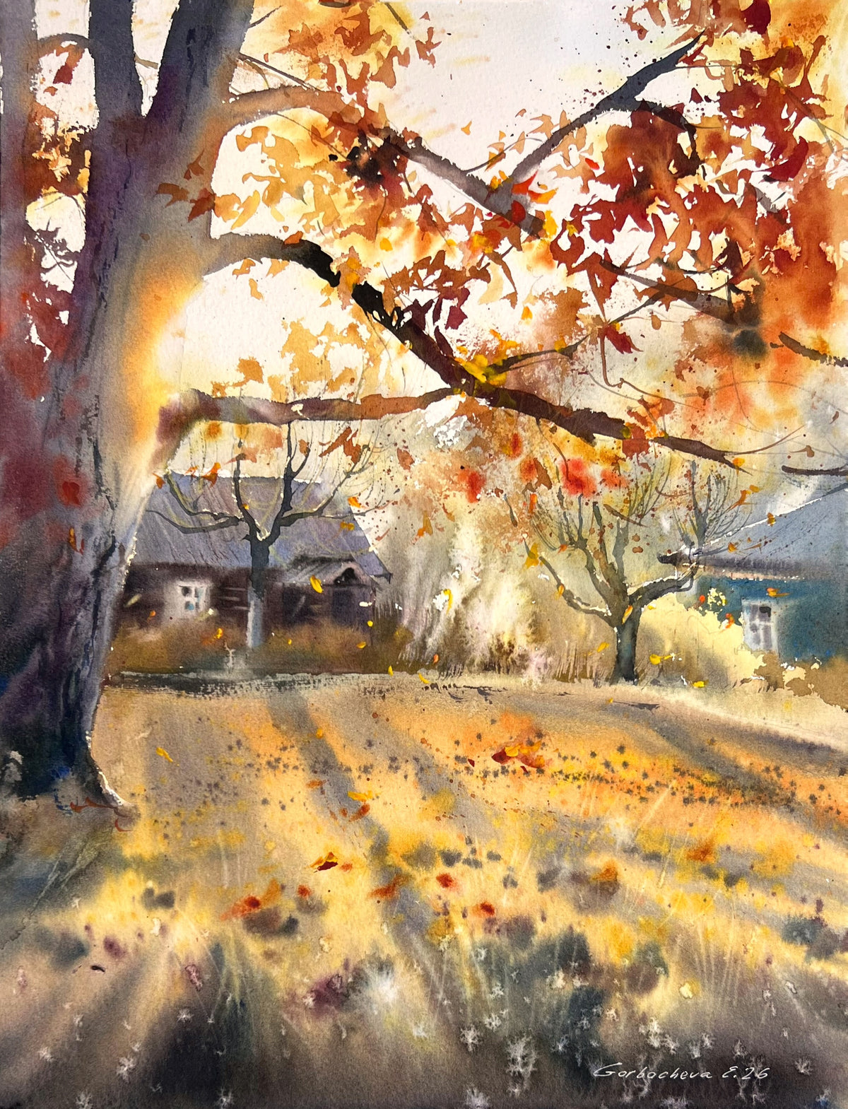 Autumn Landscape Watercolor Painting, Fall Forest Path Art, Golden Trees, The golden light of autumn 12x16