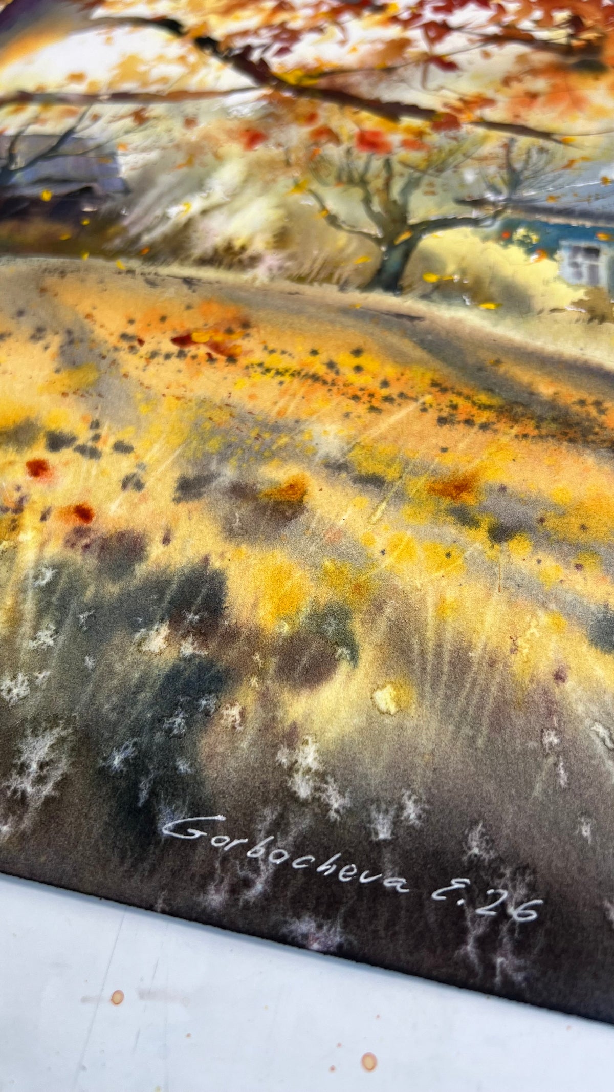Autumn Landscape Watercolor Painting, Fall Forest Path Art, Golden Trees, The golden light of autumn 12x16
