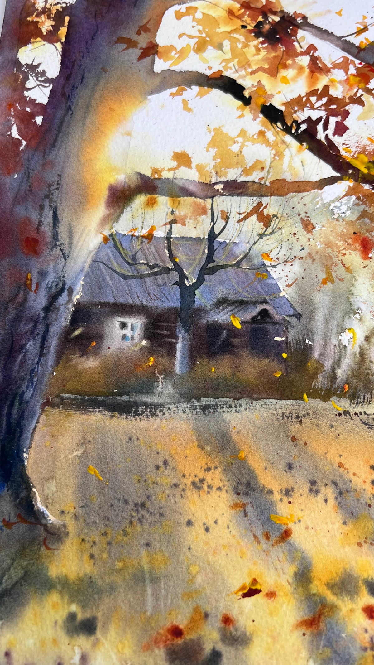 Autumn Landscape Watercolor Painting, Fall Forest Path Art, Golden Trees, The golden light of autumn 12x16
