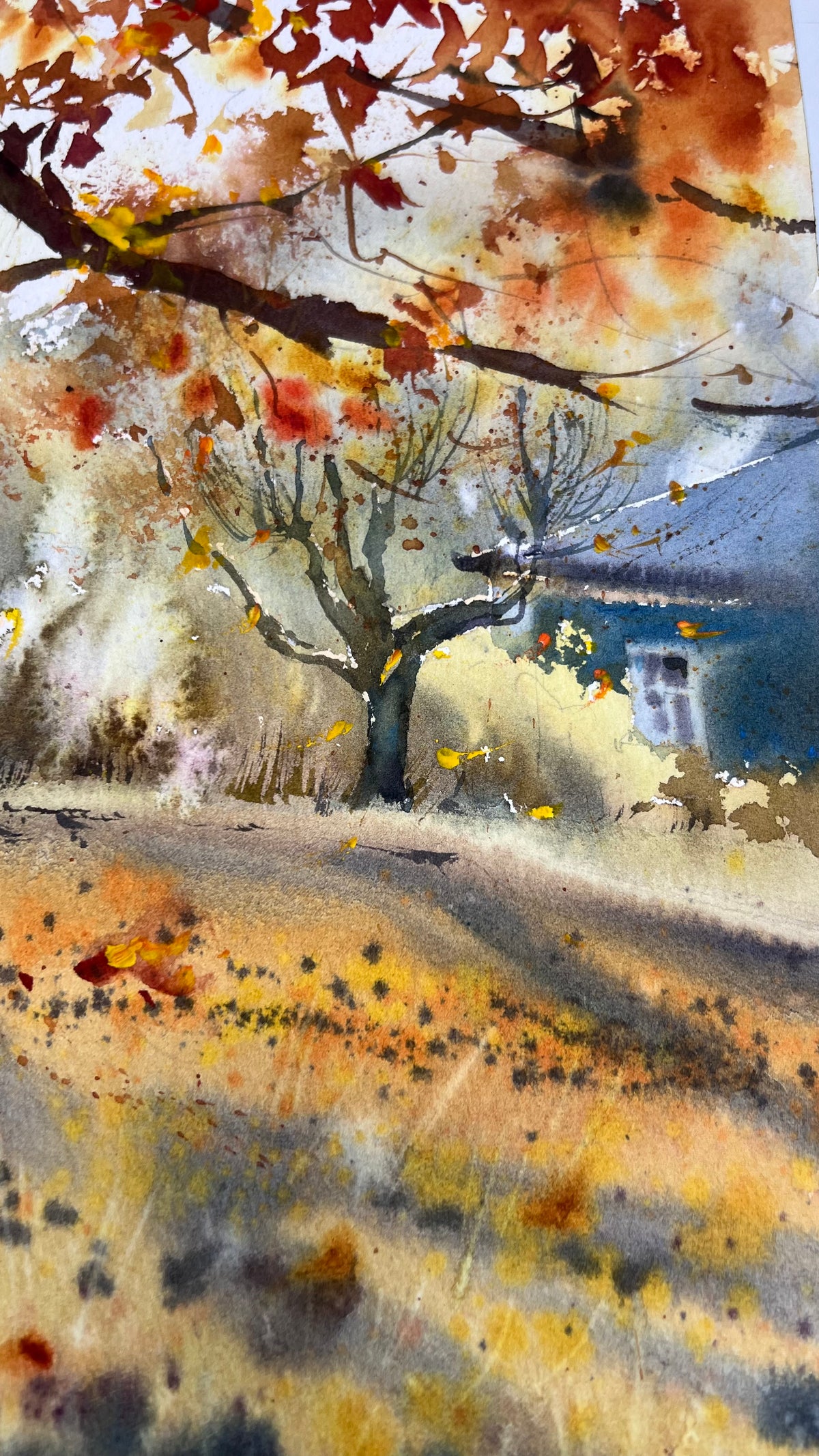 Autumn Landscape Watercolor Painting, Fall Forest Path Art, Golden Trees, The golden light of autumn 12x16