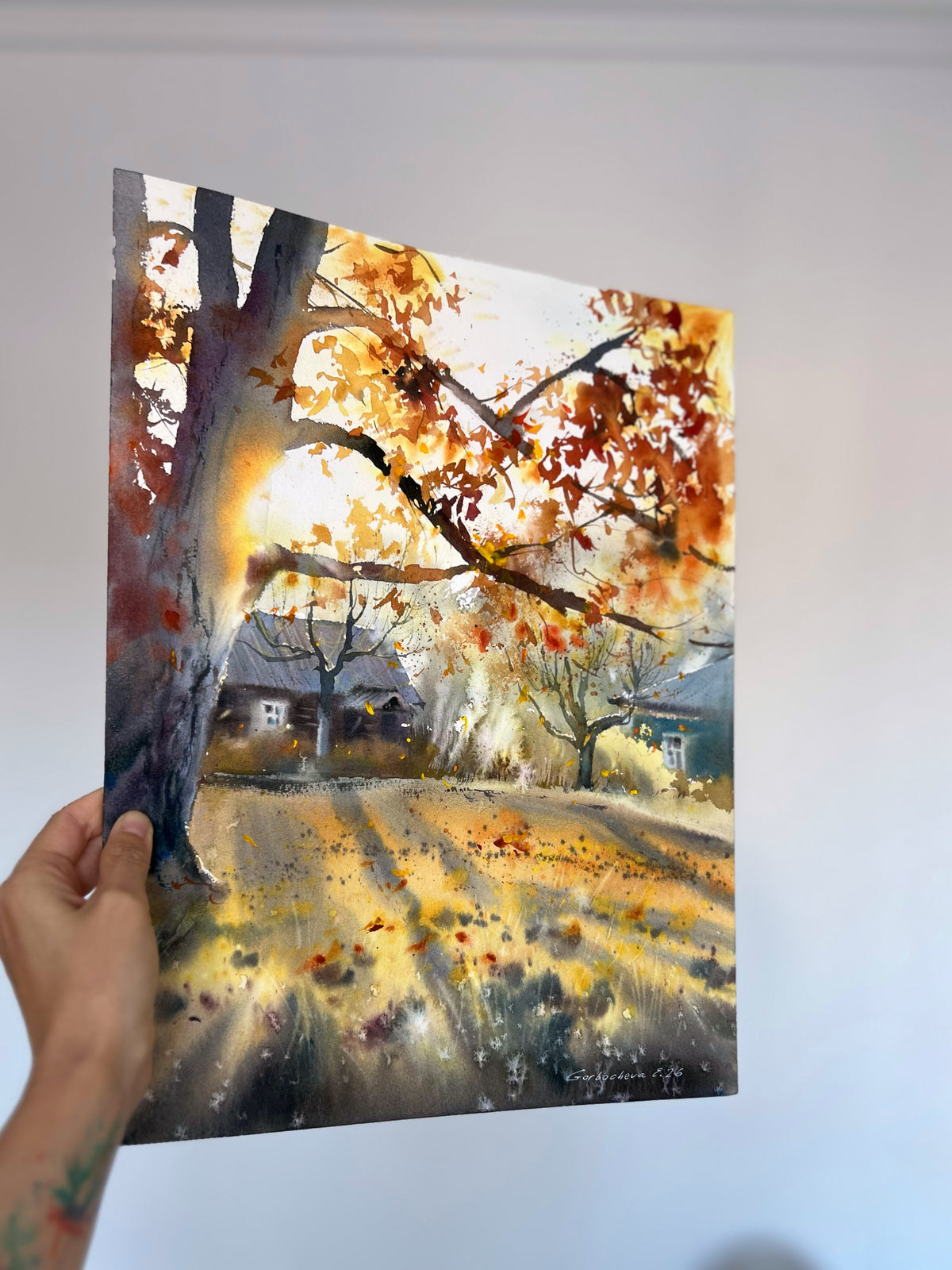 Autumn Landscape Watercolor Painting, Fall Forest Path Art, Golden Trees, The golden light of autumn 12x16