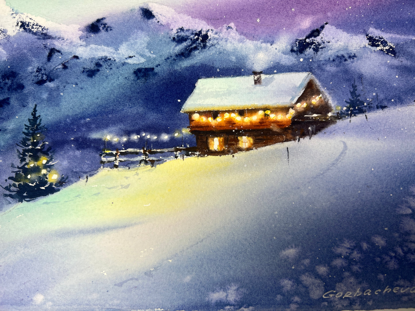 Christmas Painting, Santa Claus Deer Art Decor, Small Original Artwork, Northern lights, Aurora Borealis, Night Sky