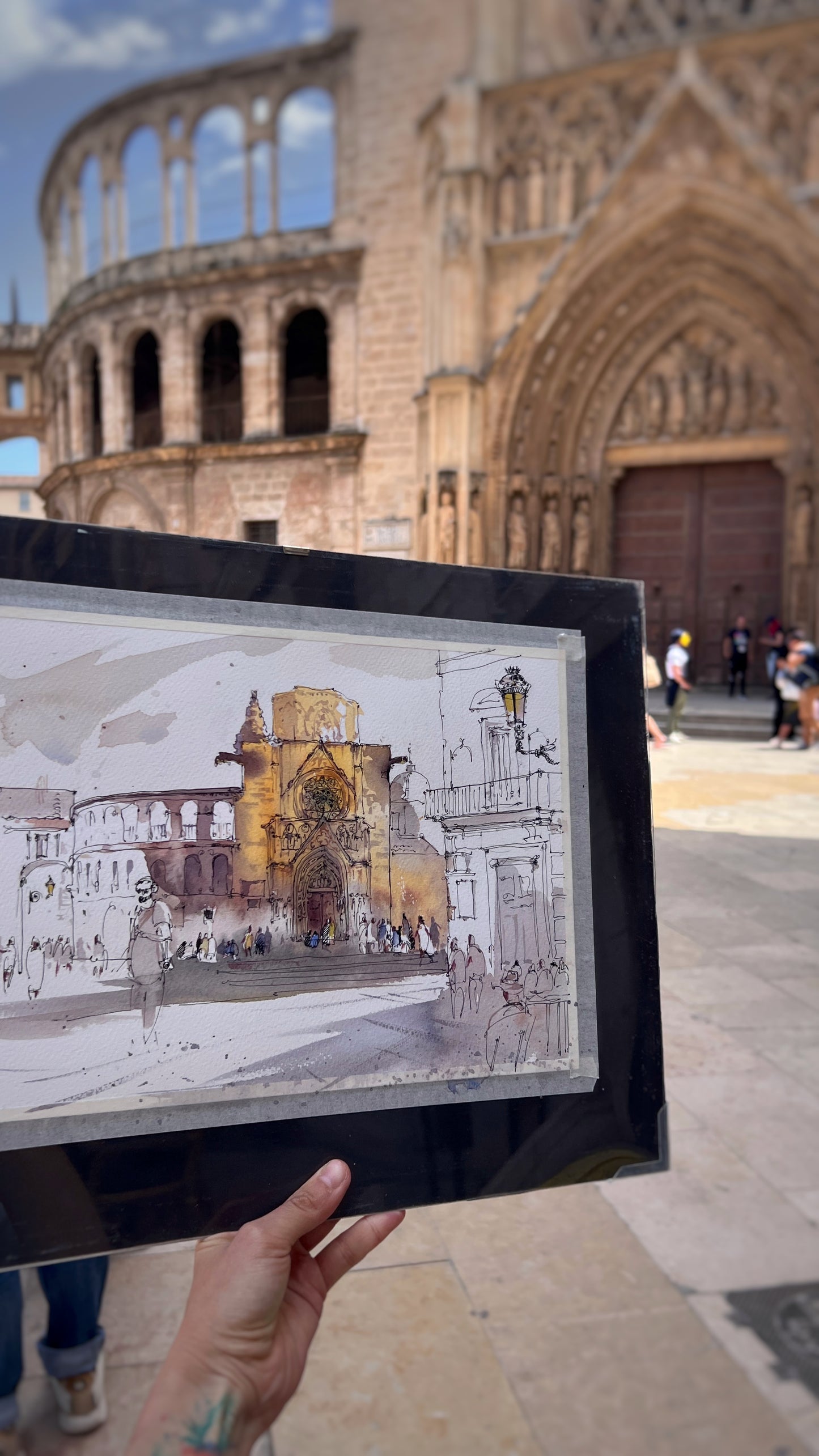 Cityscape Painting Original Watercolor "Golden Cathedral Valencia" - 9x12 in