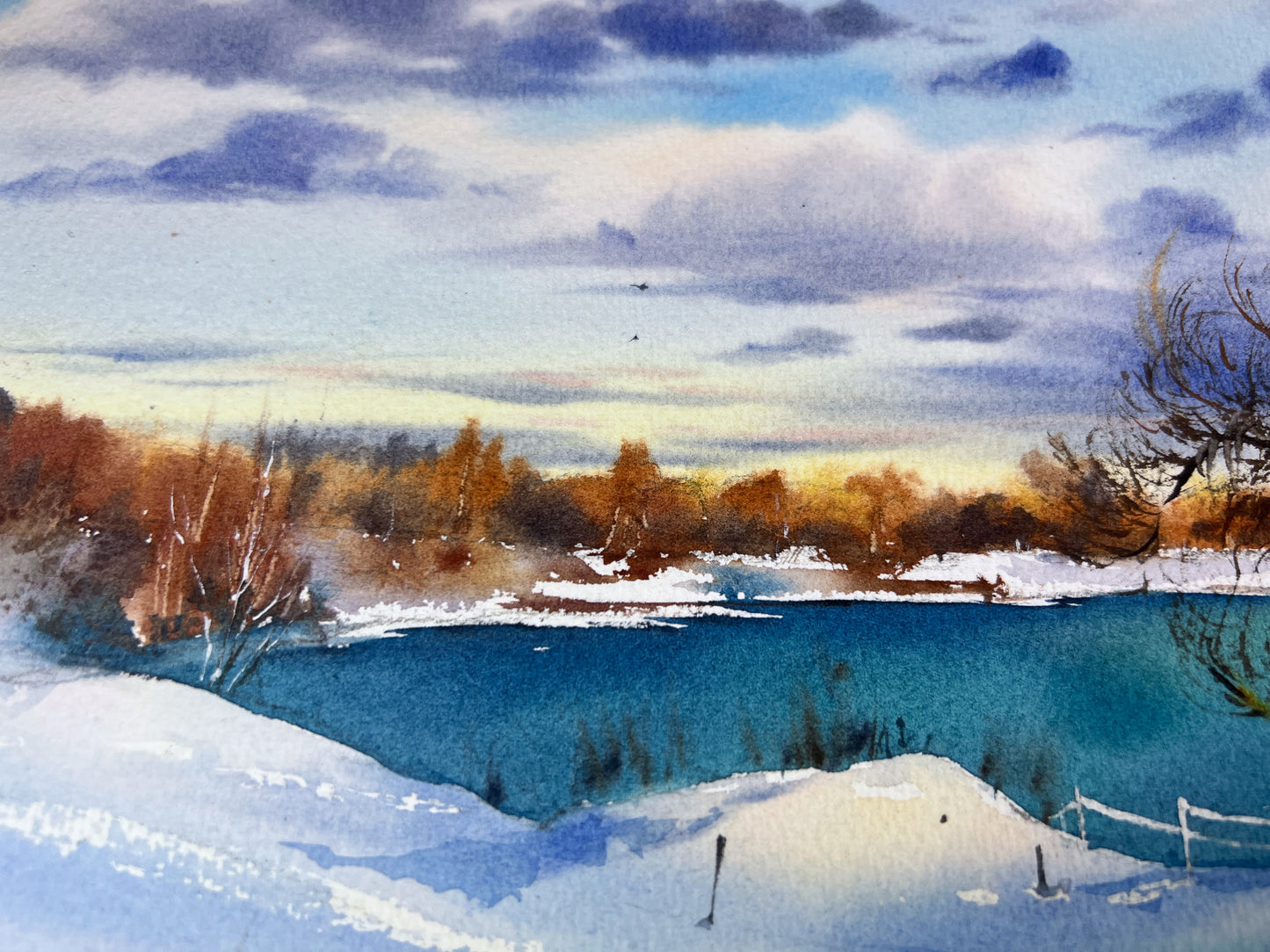 Rustic Winter Landscape Original Painting, Watercolor Snowy Trees Wall Decor, Rural Art, Frozen River