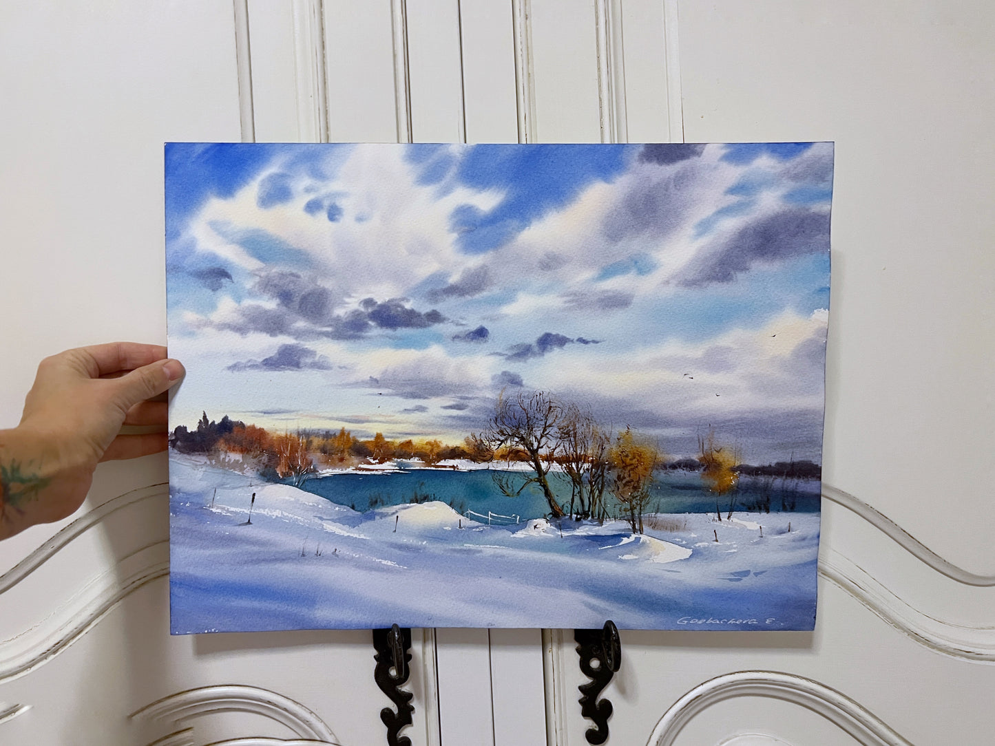Rustic Winter Landscape Original Painting, Watercolor Snowy Trees Wall Decor, Rural Art, Frozen River