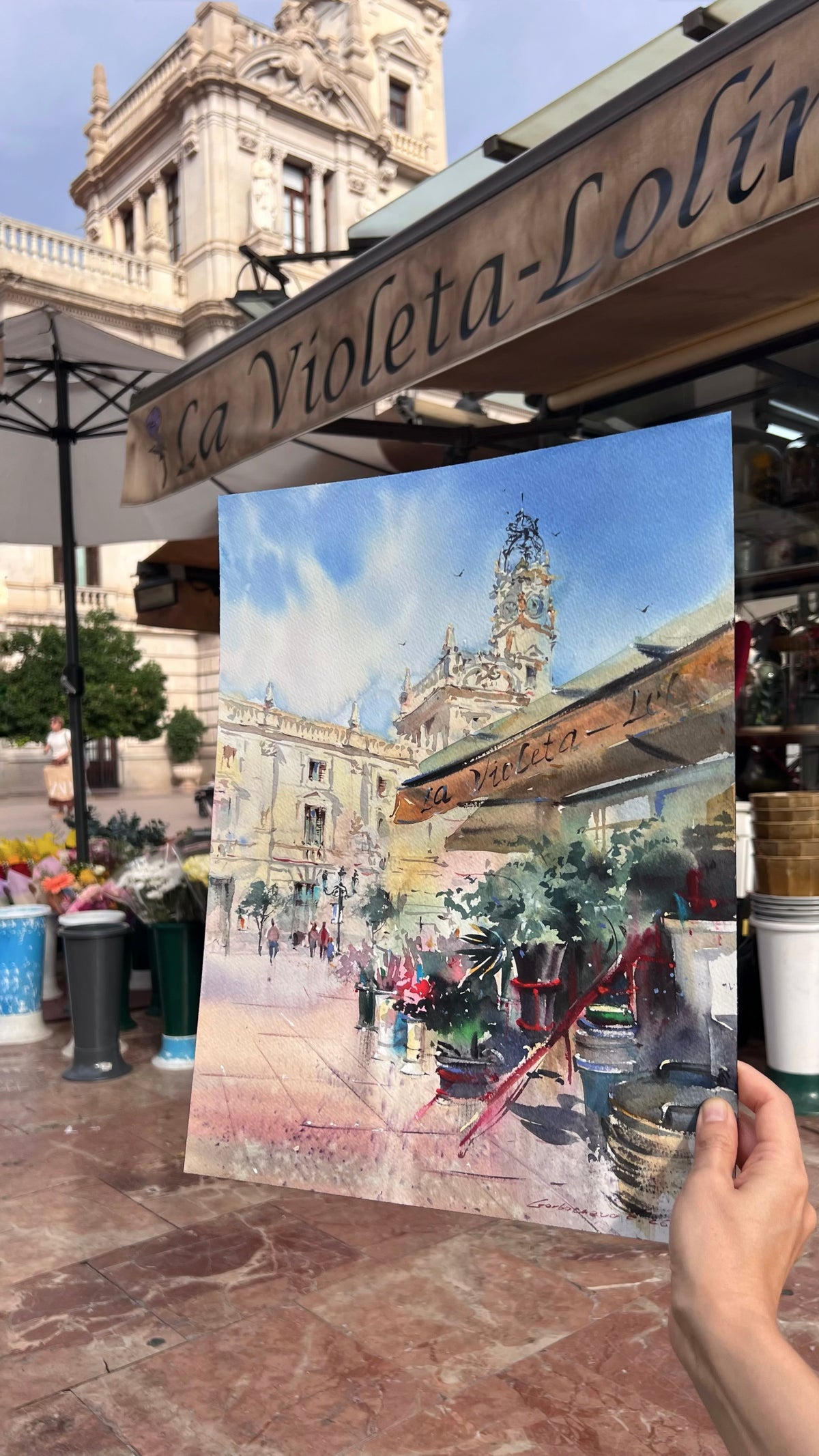Valencia Spain Watercolor Painting, Spanish Cityscape Art, Valencia in Bloom 12x16