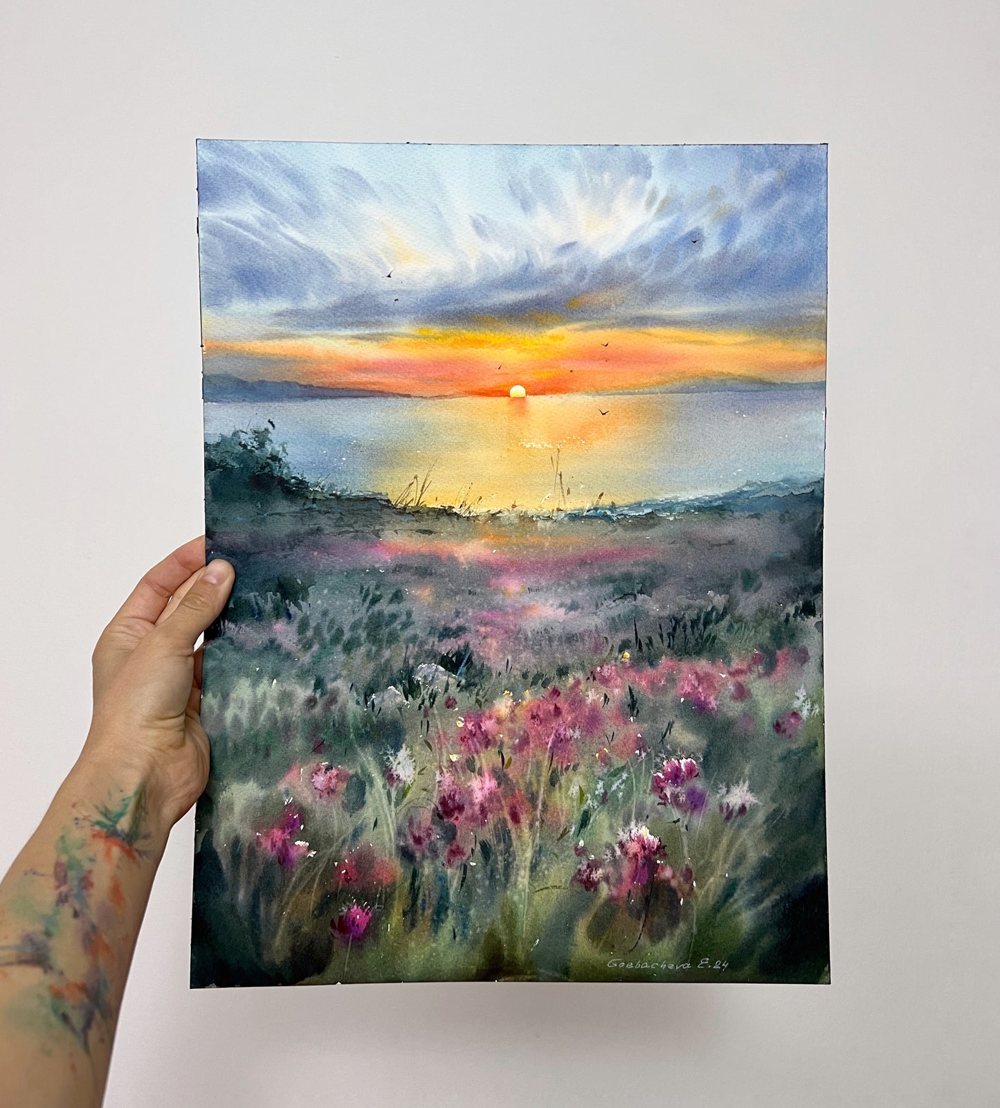 Original Watercolor Painting: Flowers and Sea at Sunset with Clover Field Art
