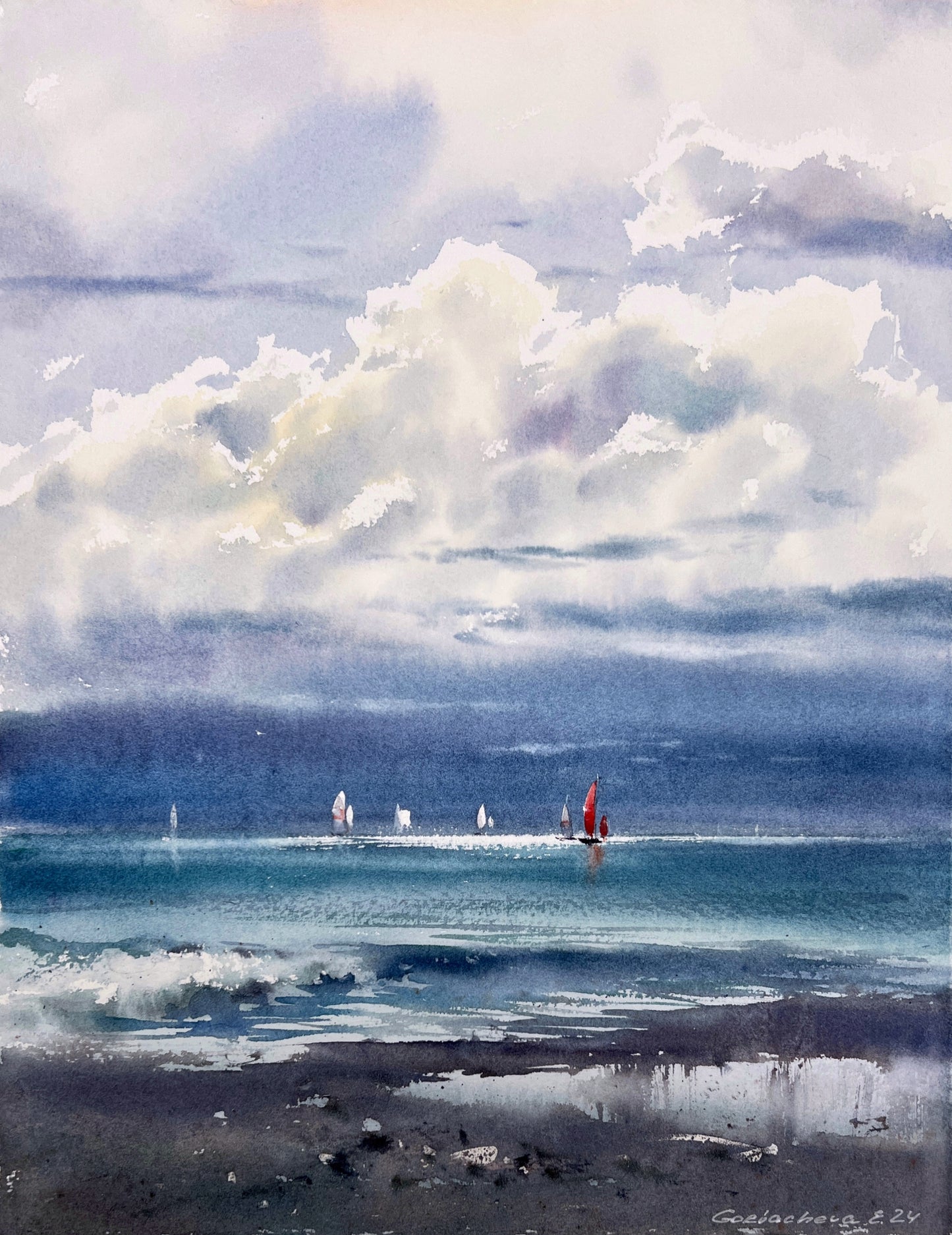 Coastal Dream: Kingdom of the Clouds #2 - Watercolor Artwork of Clouds and Yachts