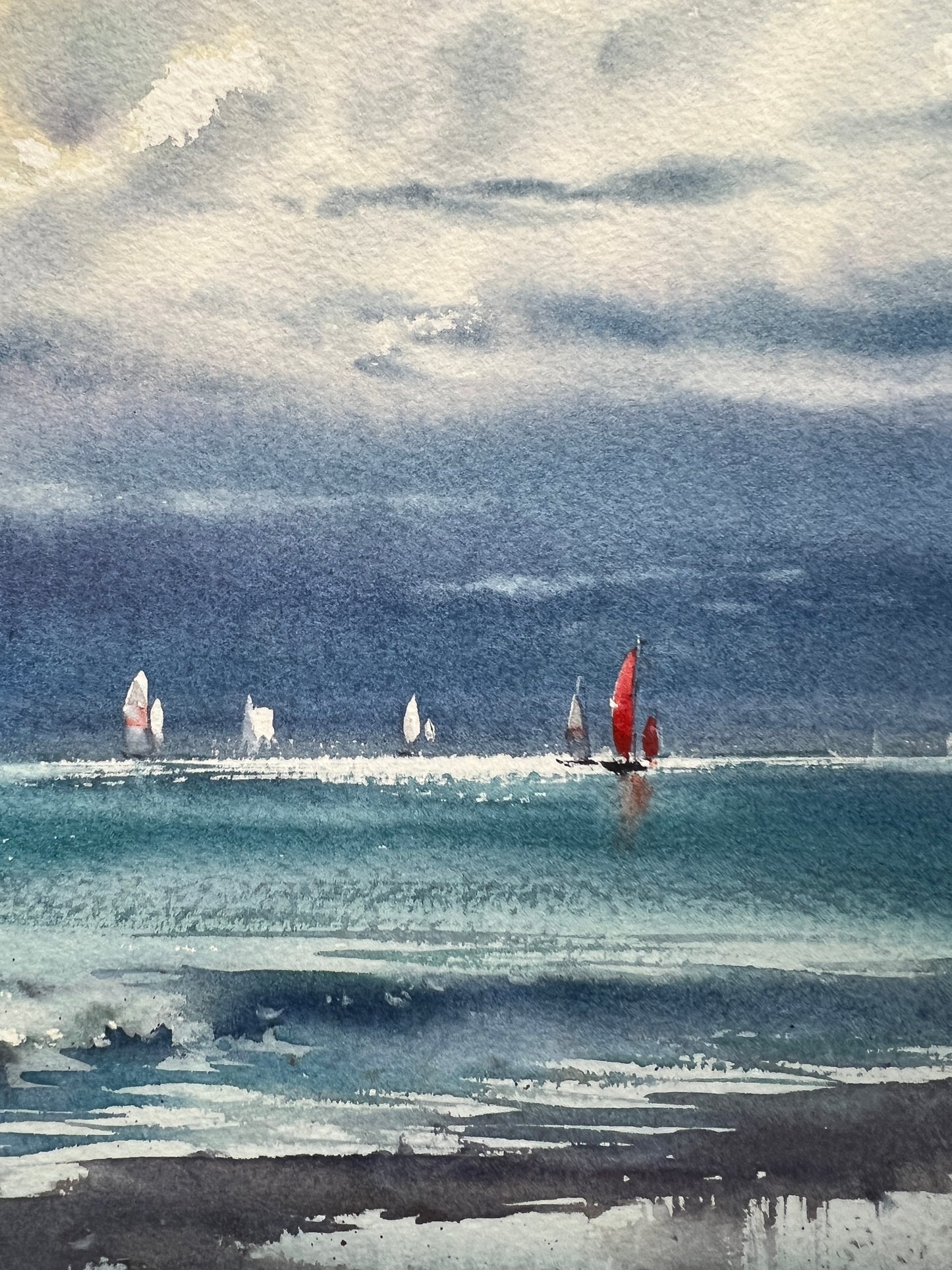 Coastal Dream: Kingdom of the Clouds #2 - Watercolor Artwork of Clouds and Yachts