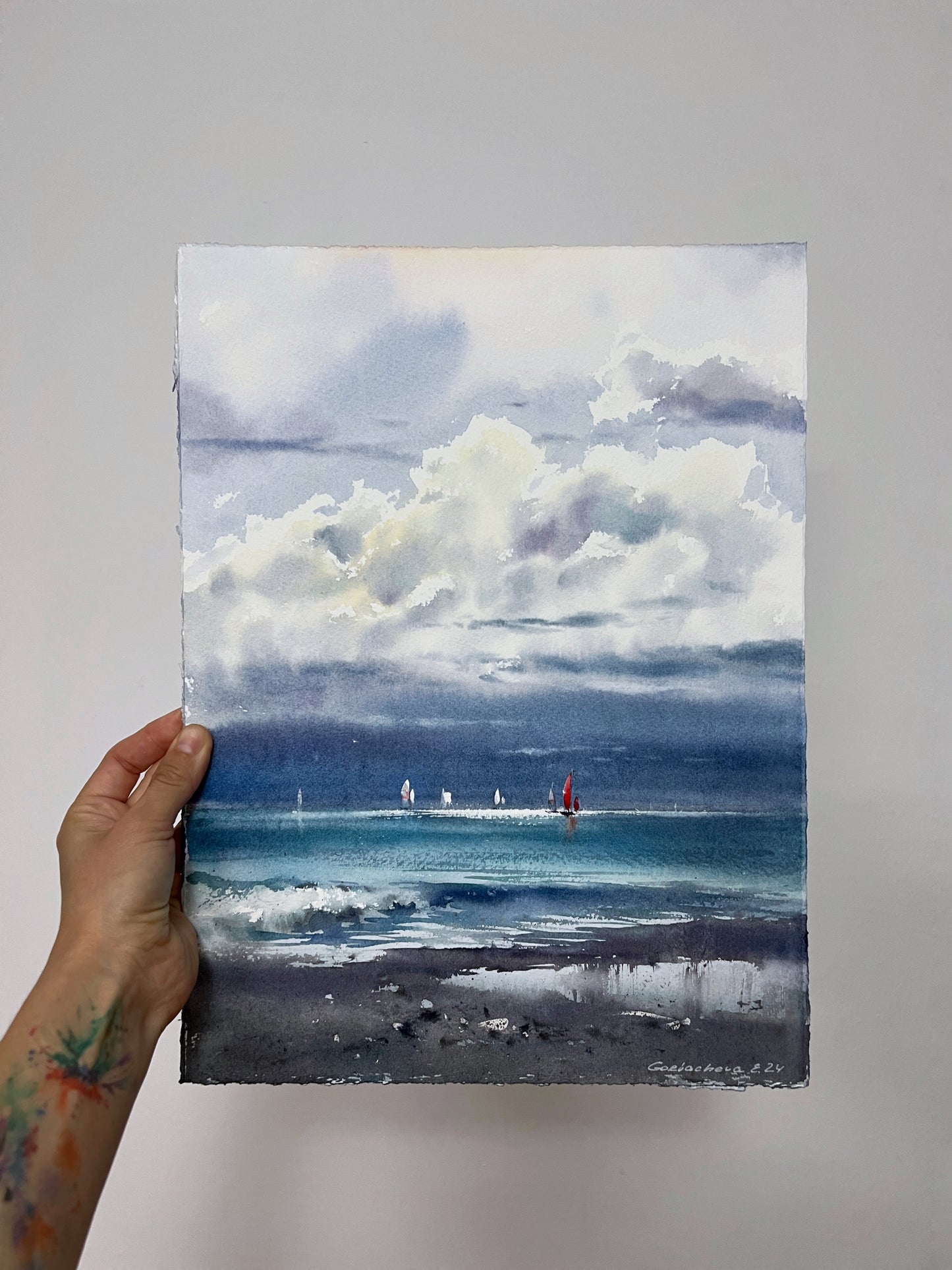 Coastal Dream: Kingdom of the Clouds #2 - Watercolor Artwork of Clouds and Yachts