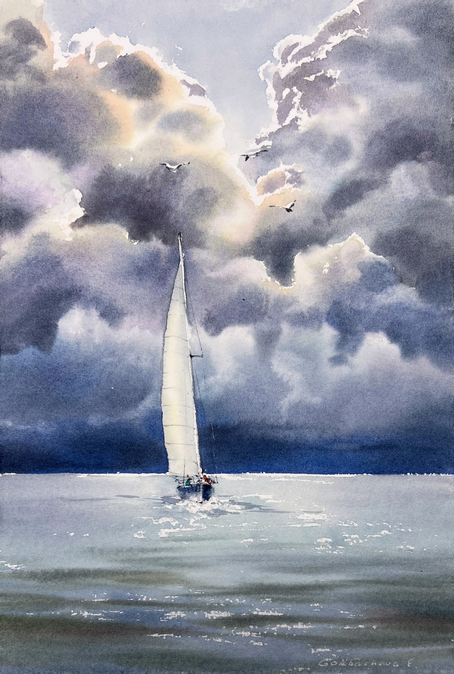 Serene Seascape Watercolor - 'Kingdom of the Clouds #3' with Sailing Yachts