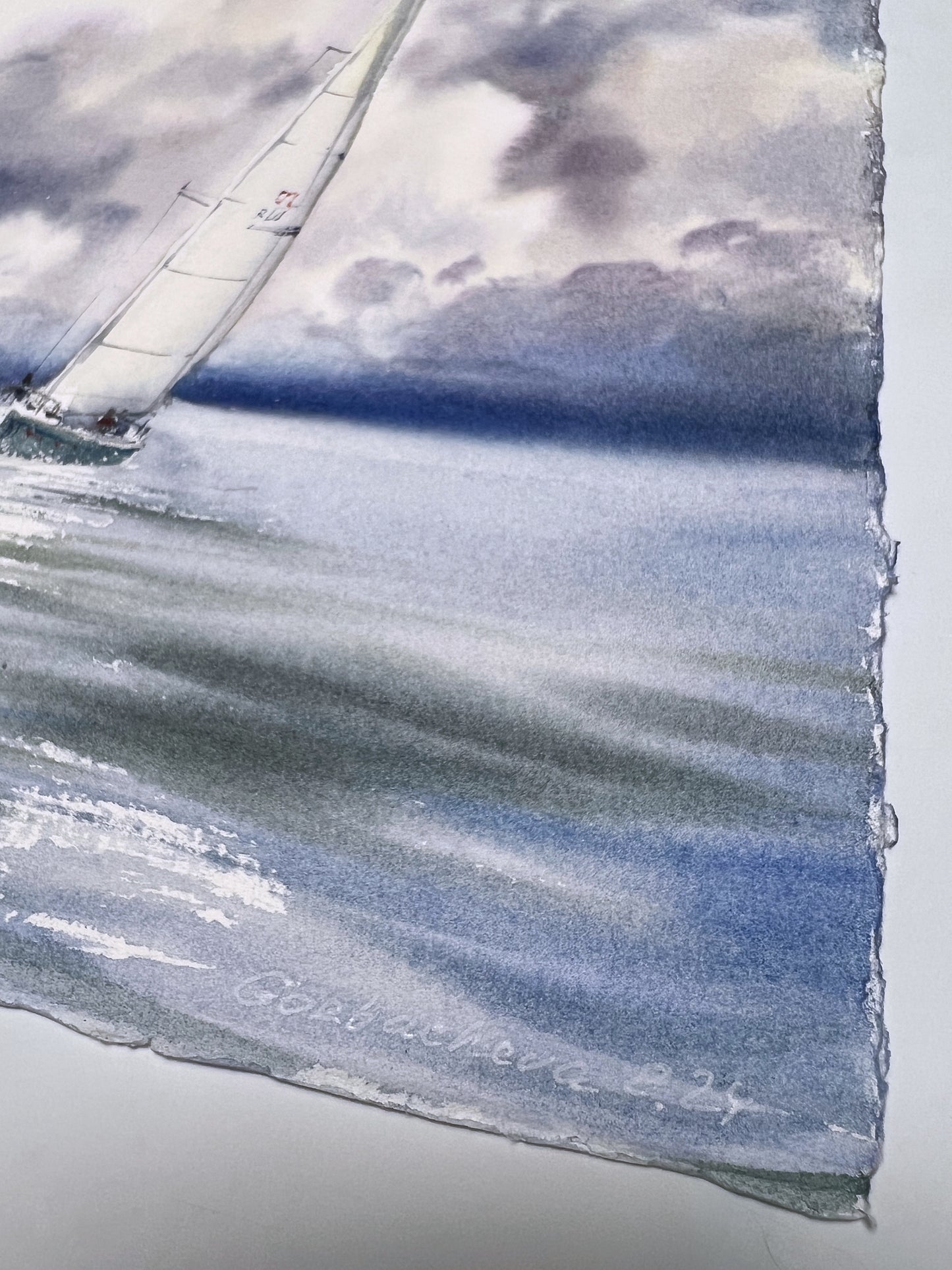Modern Sea Watercolor Painting Original, Gray Blue Seascape Art - Tailwinds #8