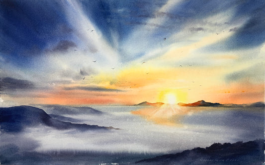 Cloud Mountain Painting Watercolour Original - Sunrise in the mountains - 15 x 22 in