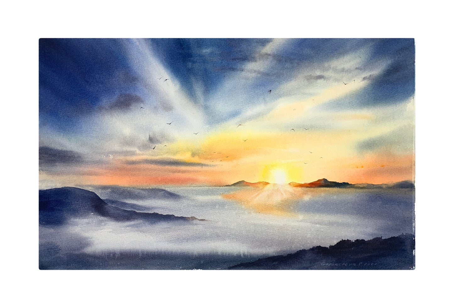 Cloud Mountain Painting Watercolour Original - Sunrise in the mountains - 15 x 22 in