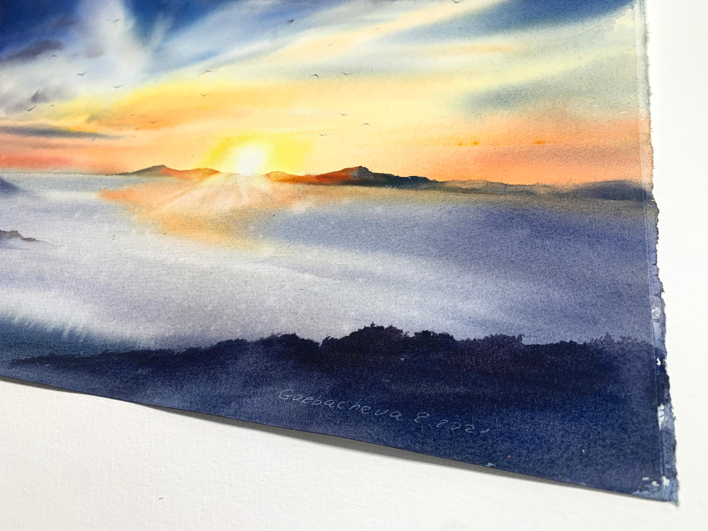 Cloud Mountain Painting Watercolour Original - Sunrise in the mountains - 15 x 22 in