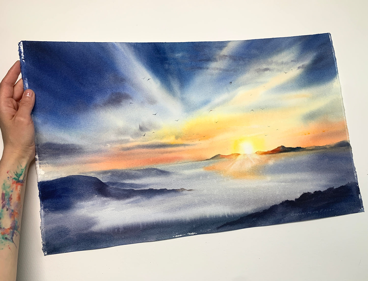 Cloud Mountain Painting Watercolour Original - Sunrise in the mountains - 15 x 22 in