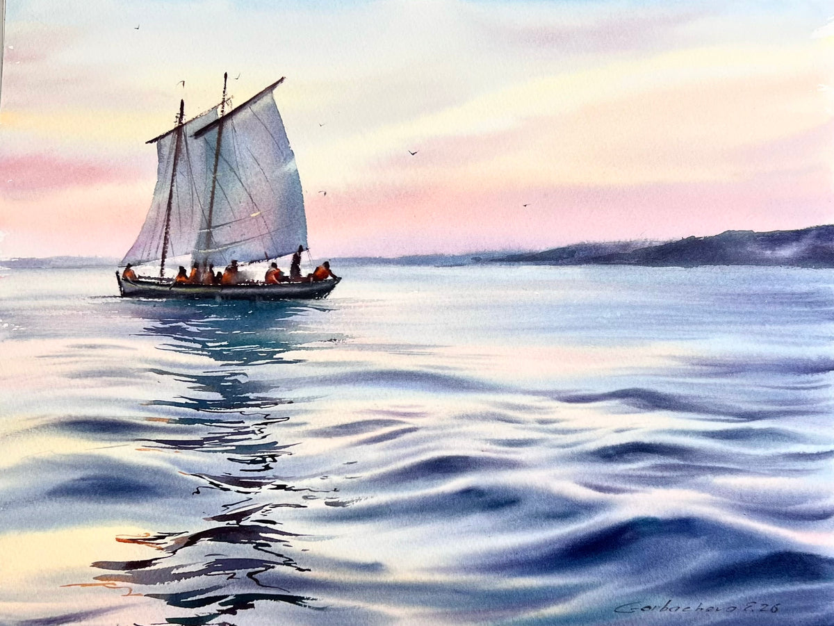 Sailboat Seascape Watercolor Painting, Calm Ocean Art, Quiet Sailing 12x16