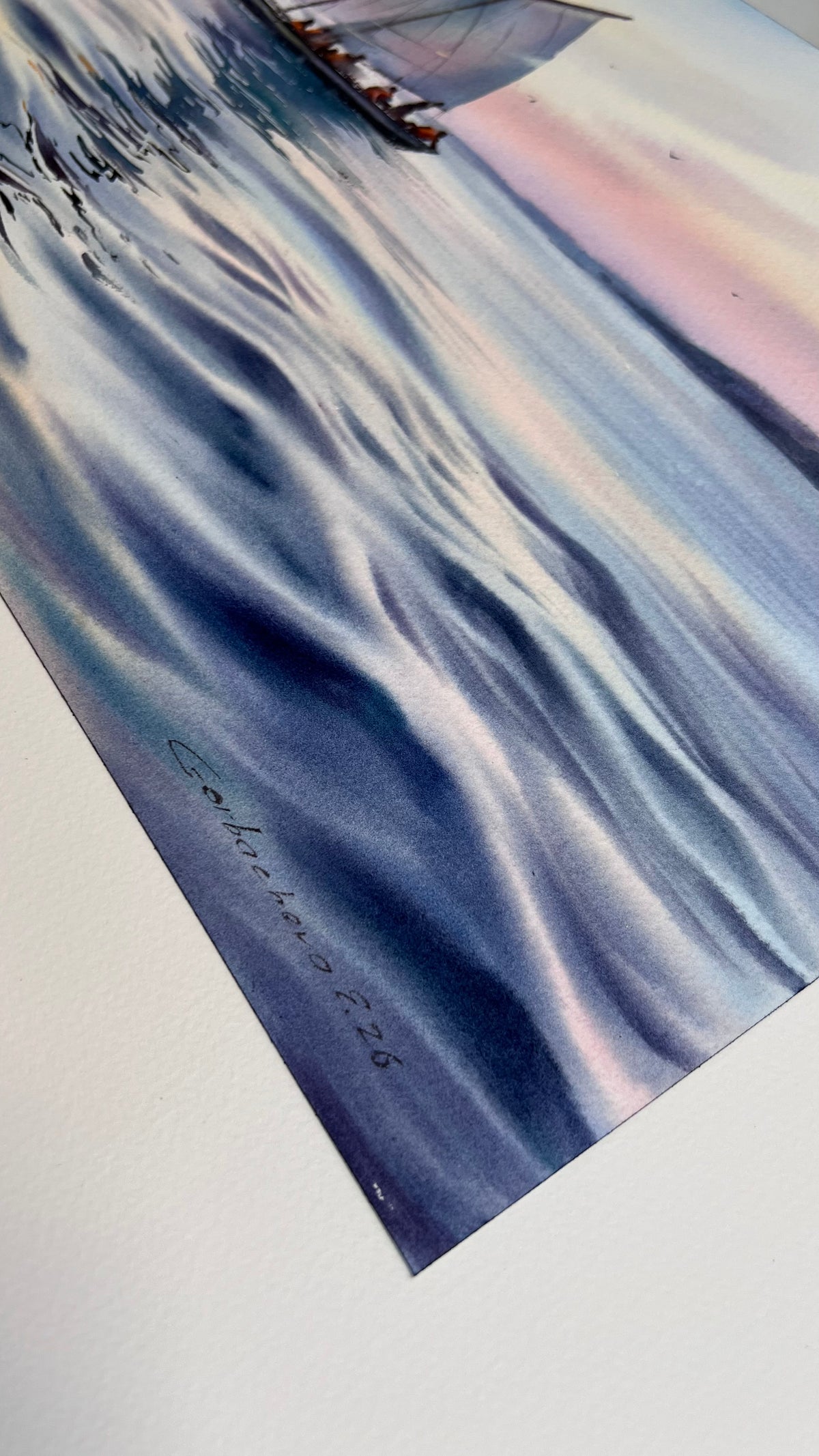 Sailboat Seascape Watercolor Painting, Calm Ocean Art, Quiet Sailing 12x16