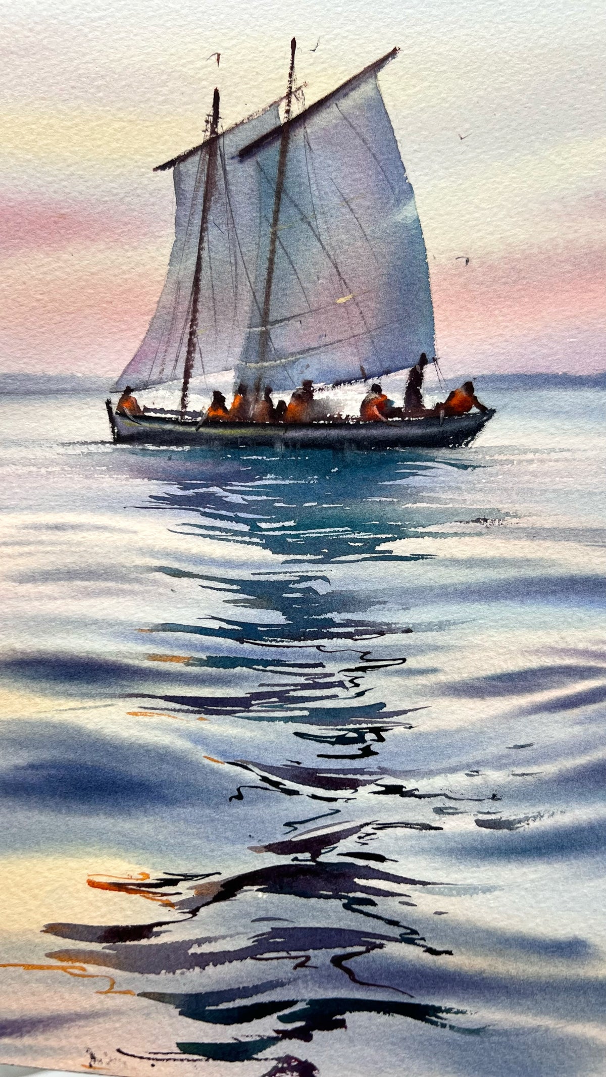 Sailboat Seascape Watercolor Painting, Calm Ocean Art, Quiet Sailing 12x16