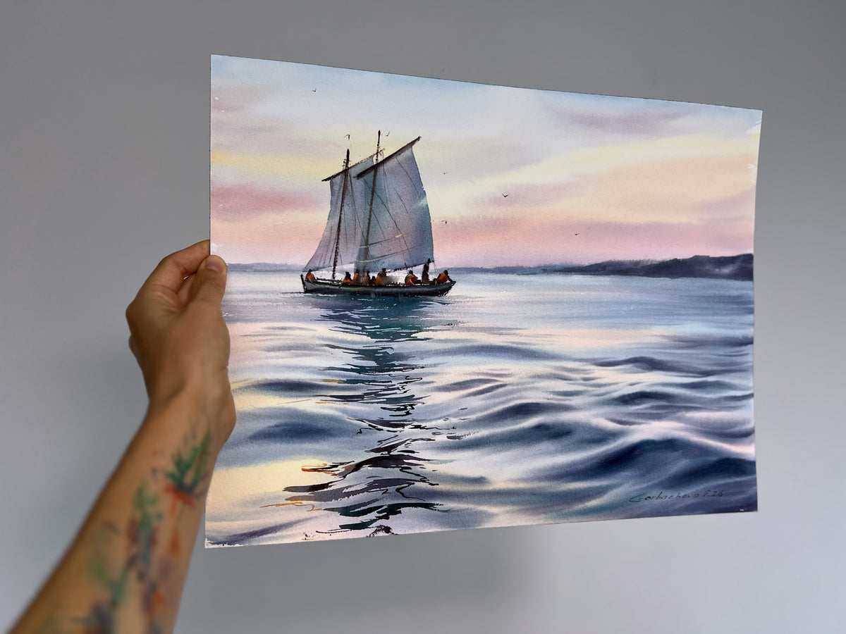 Sailboat Seascape Watercolor Painting, Calm Ocean Art, Quiet Sailing 12x16