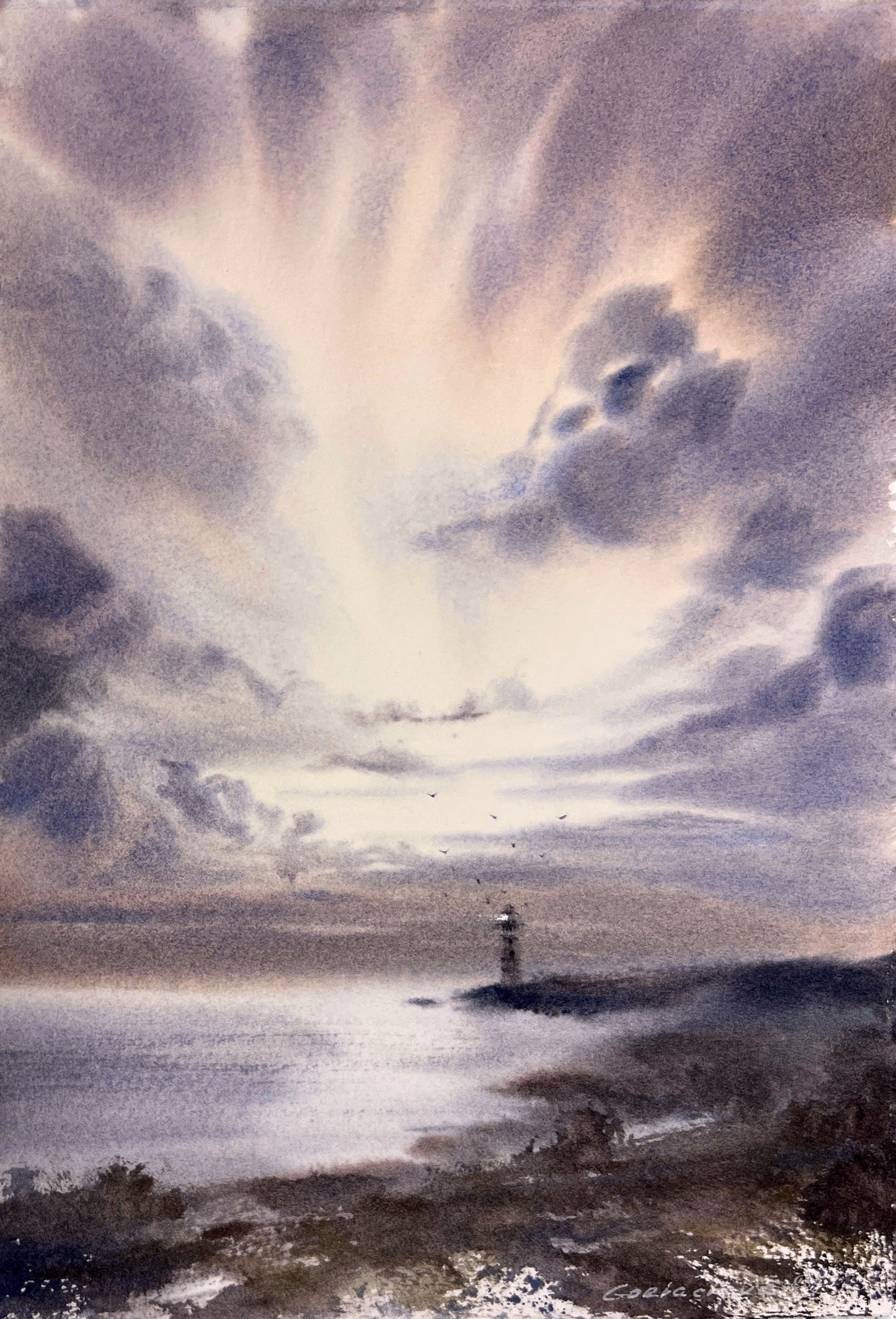 Painting Watercolor Original, Serene Maritime Art "Lighthouse in the clouds" - Small Art Piece for Home Decor, Perfect Gift for Nautical Enthusiasts