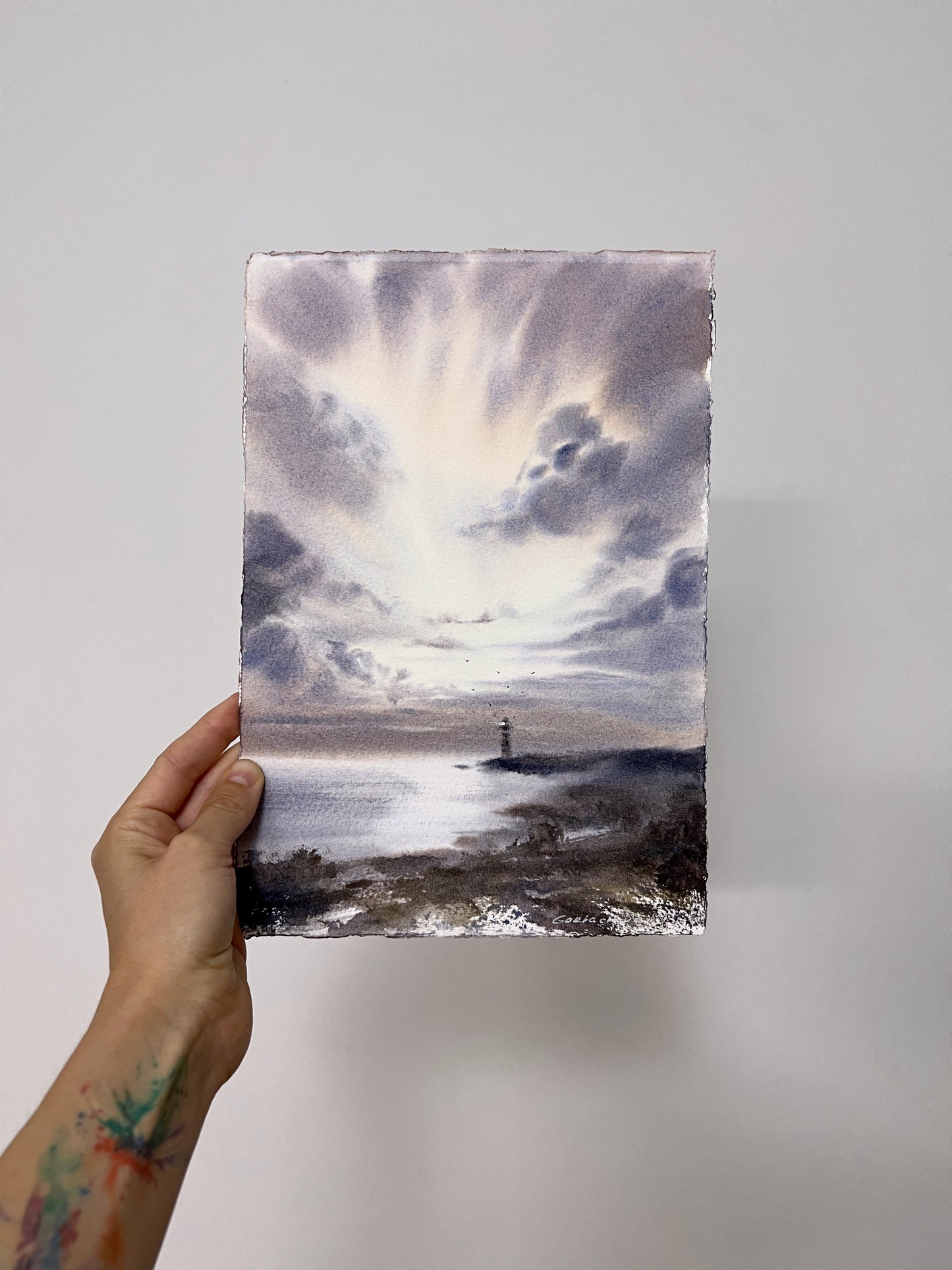 Painting Watercolor Original, Serene Maritime Art "Lighthouse in the clouds" - Small Art Piece for Home Decor, Perfect Gift for Nautical Enthusiasts