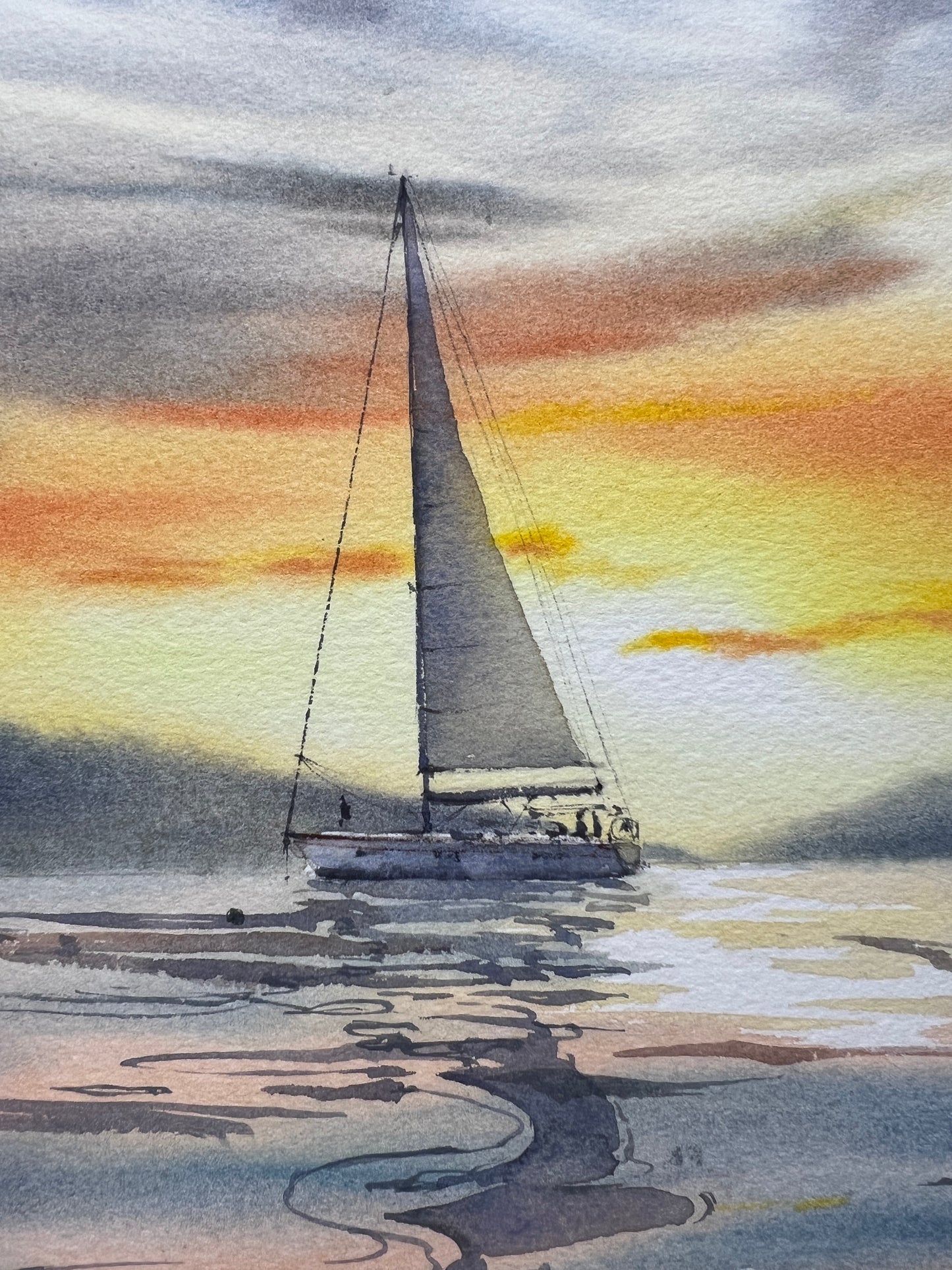 Seascape Painting Original Watercolor, Sailboat Coast Art - Yacht at sunset #15