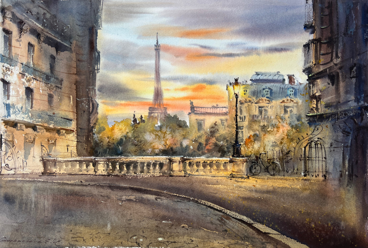 Charming Paris Watercolor Painting Original, Eiffel Tower Art, Beautiful French Cityscape  - On the streets of Paris #4