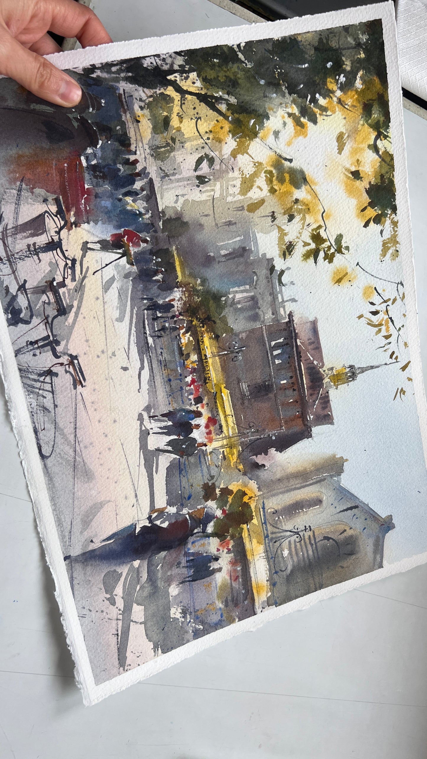 Valencia Spain Watercolor Painting Cityscape Art, Golden Valencia Glow 11x15 in