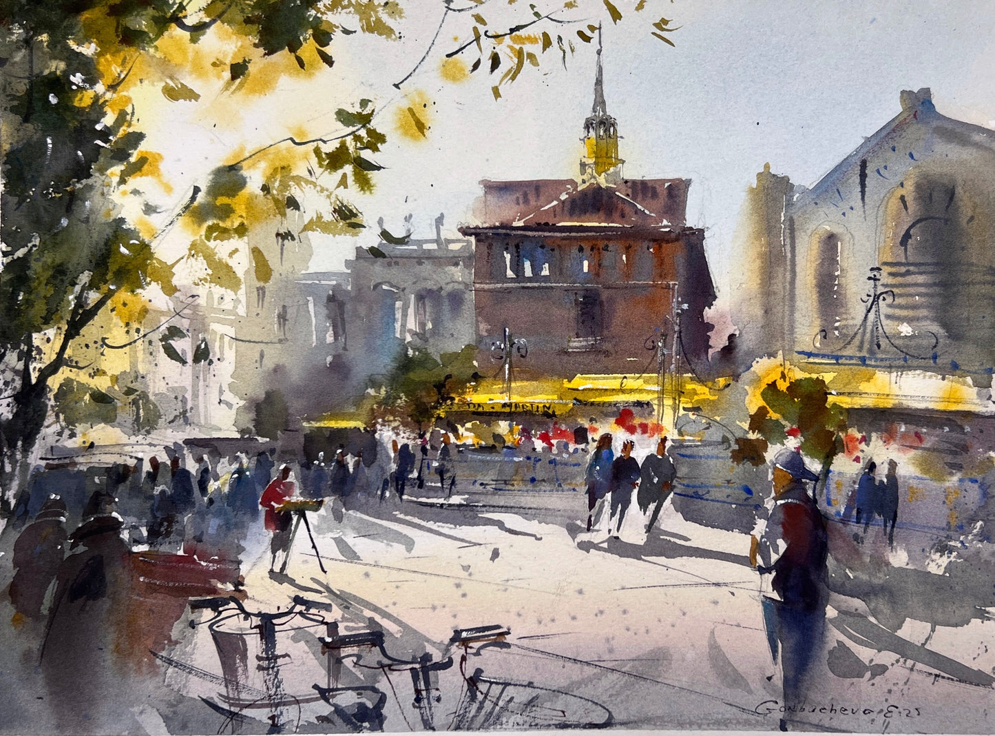 Valencia Spain Watercolor Painting Cityscape Art, Golden Valencia Glow 11x15 in