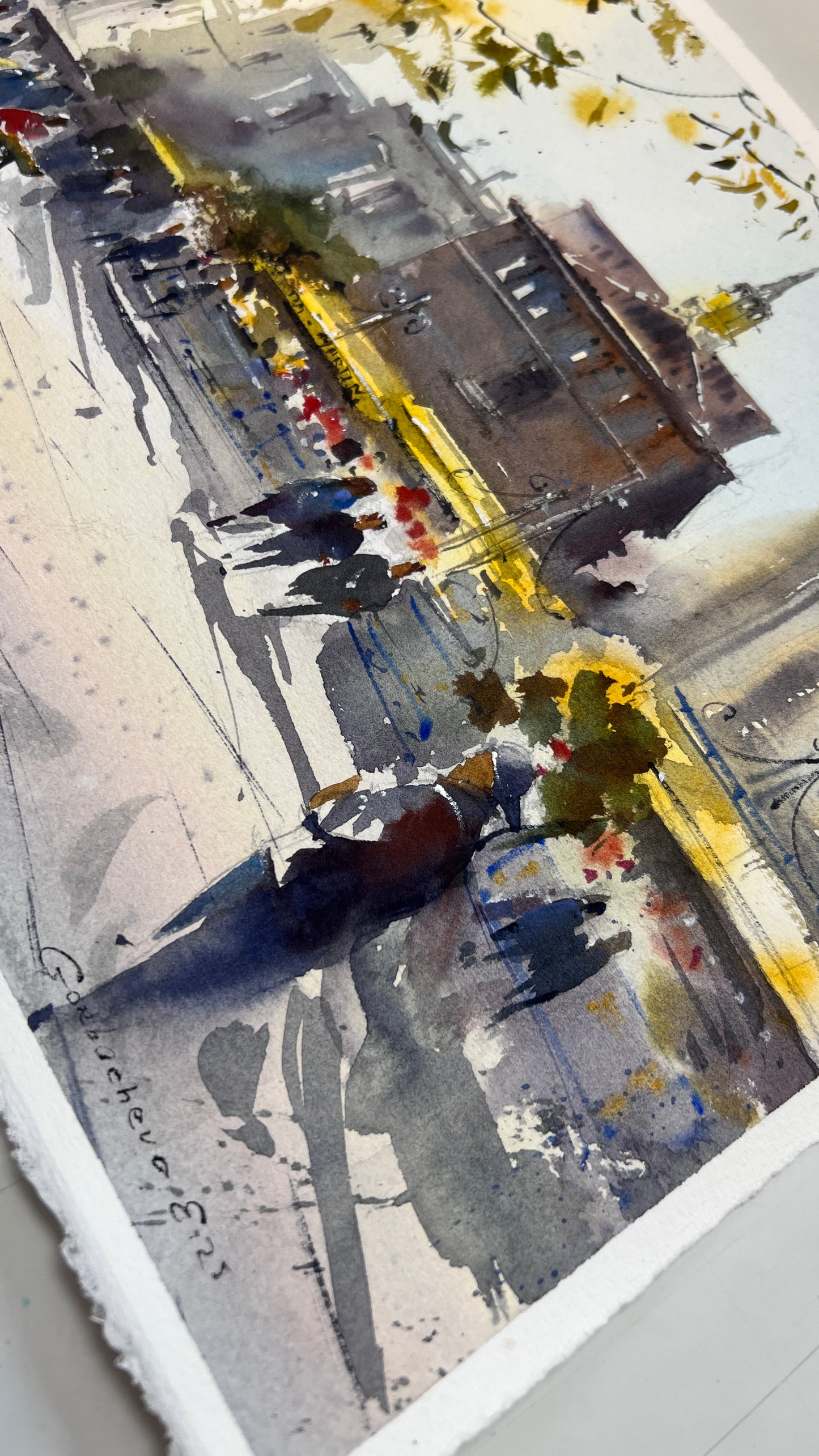 Valencia Spain Watercolor Painting Cityscape Art, Golden Valencia Glow 11x15 in