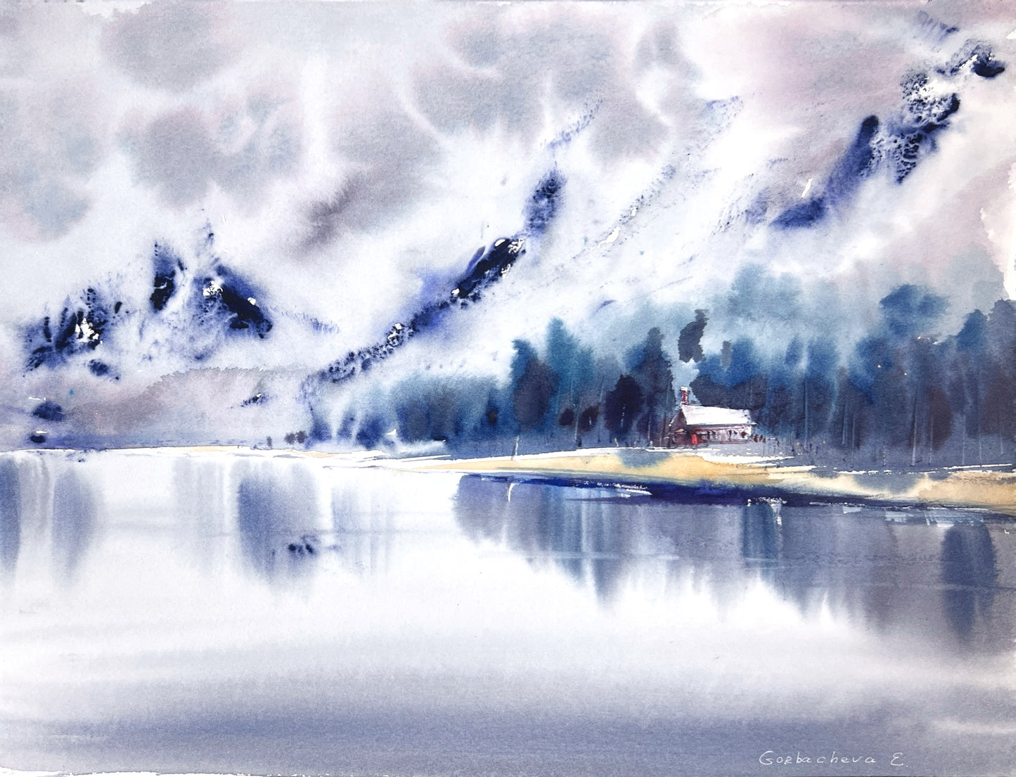 Winter Landscape Watercolor Painting, Lake house #2 12x16