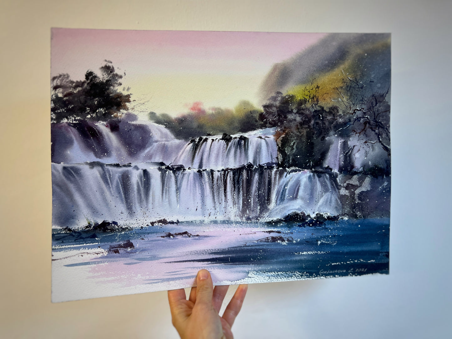 Waterfall Watercolor Original Painting, Waterfall #8 12x16 in